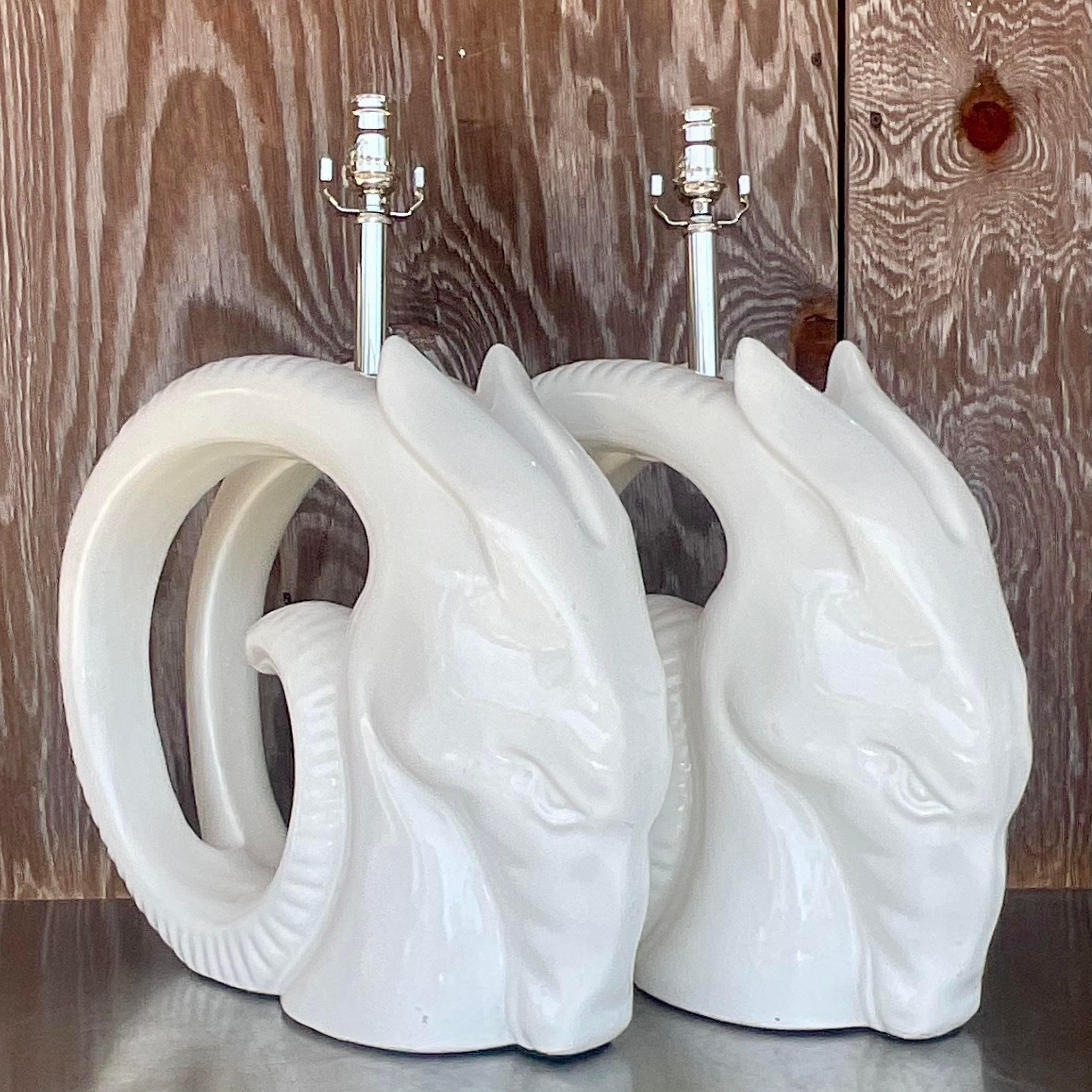 20th Century Vintage Monumental 80s Glazed Ceramic Rams Head Lamps - a Pair For Sale