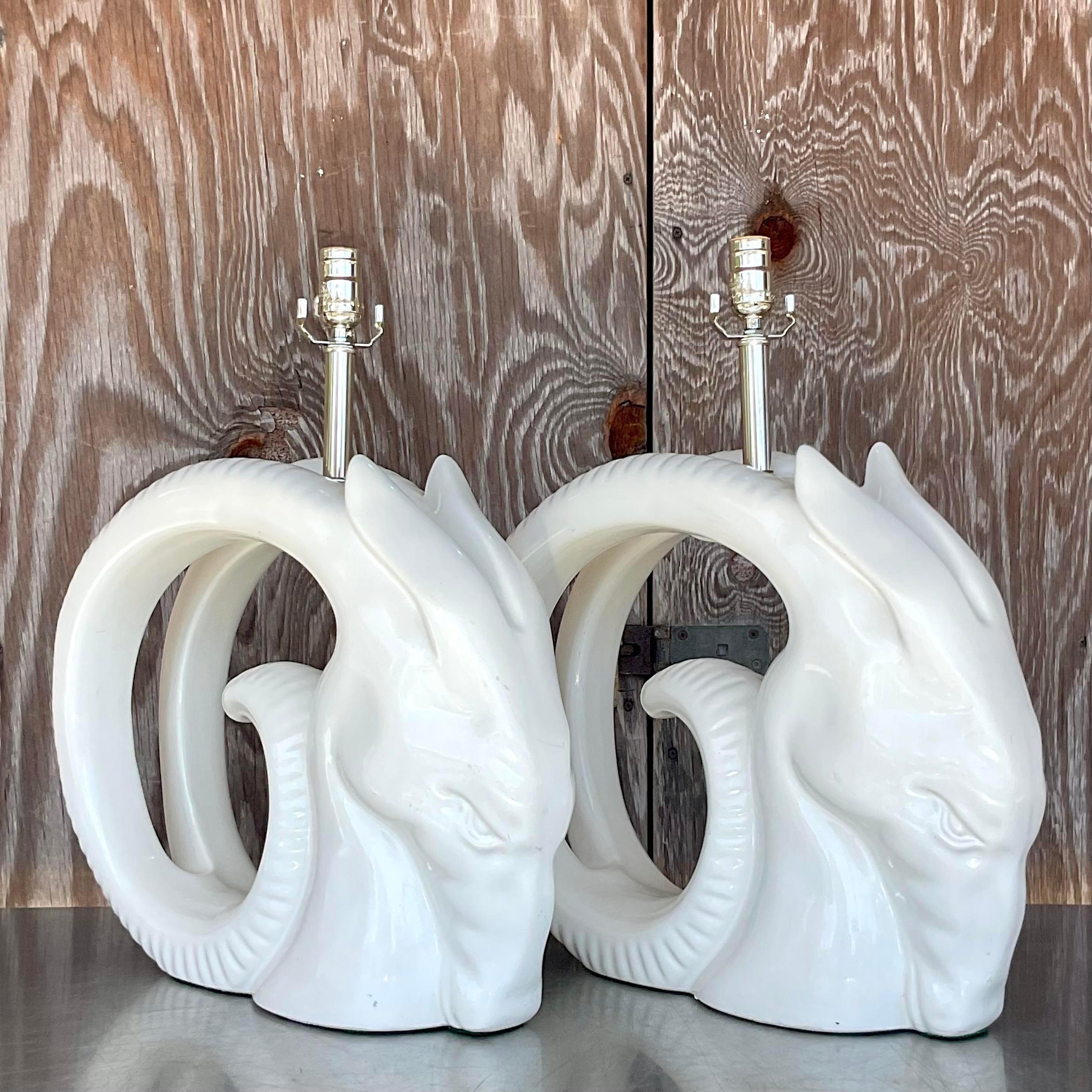 Vintage Monumental 80s Glazed Ceramic Rams Head Lamps - a Pair For Sale 2