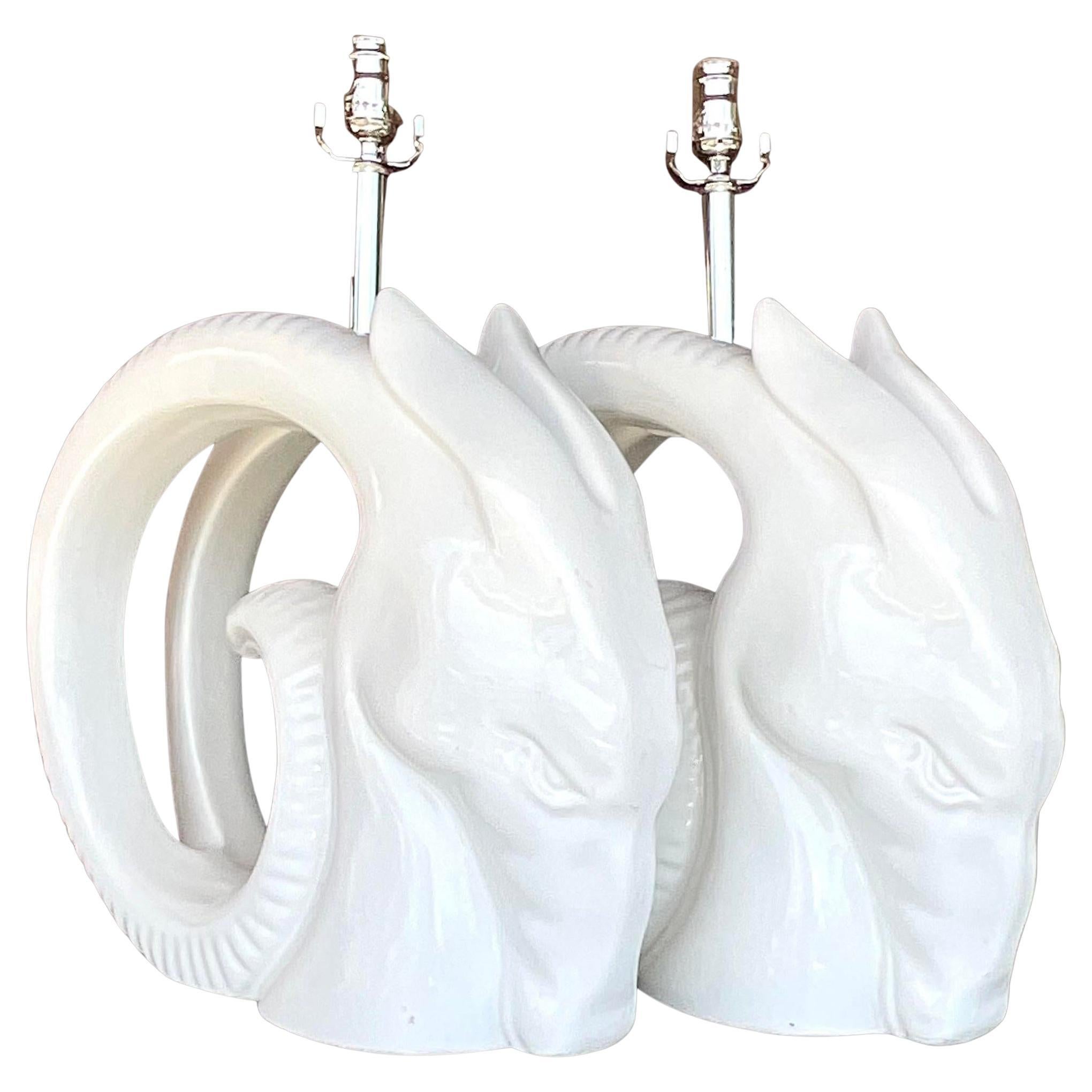Vintage Monumental 80s Glazed Ceramic Rams Head Lamps - a Pair For Sale