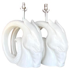 Retro Monumental 80s Glazed Ceramic Rams Head Lamps - a Pair