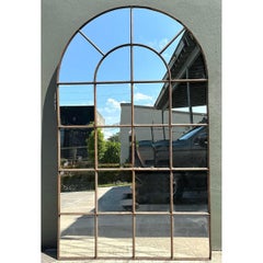 Vintage Monumental Arched Wrought Iron Mirror With Patinated Mullion Detail