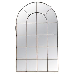 Vintage Monumental Arched Wrought Iron Mirror With Patinated Mullion Detail