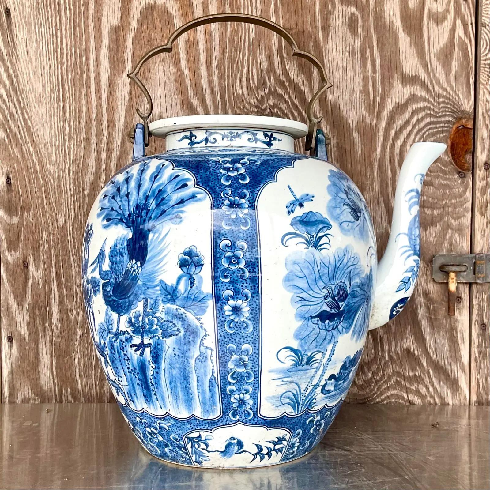 North American Vintage Monumental Asian Blue and White Crane Teapot