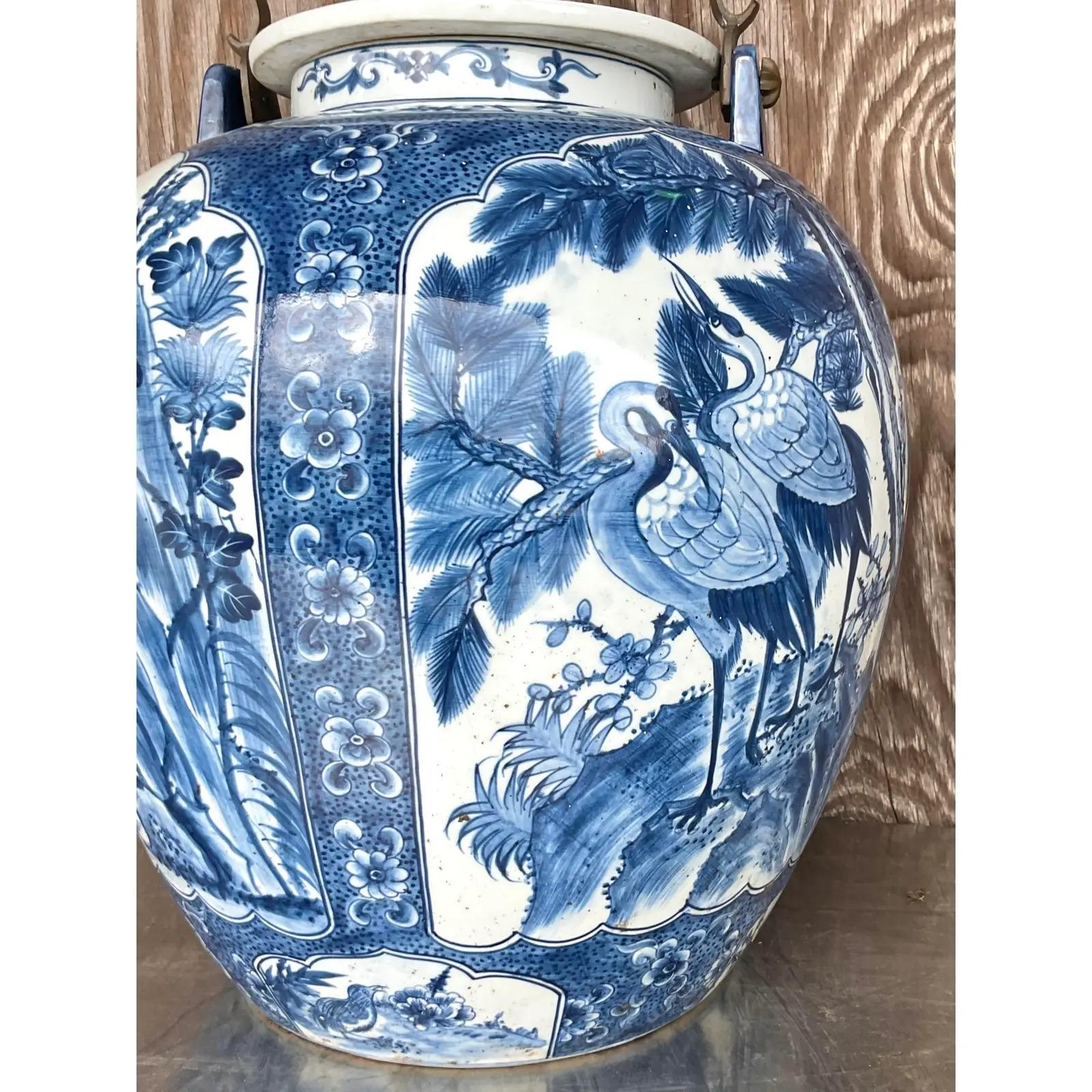 Vintage Monumental Asian Blue and White Crane Teapot In Good Condition In west palm beach, FL