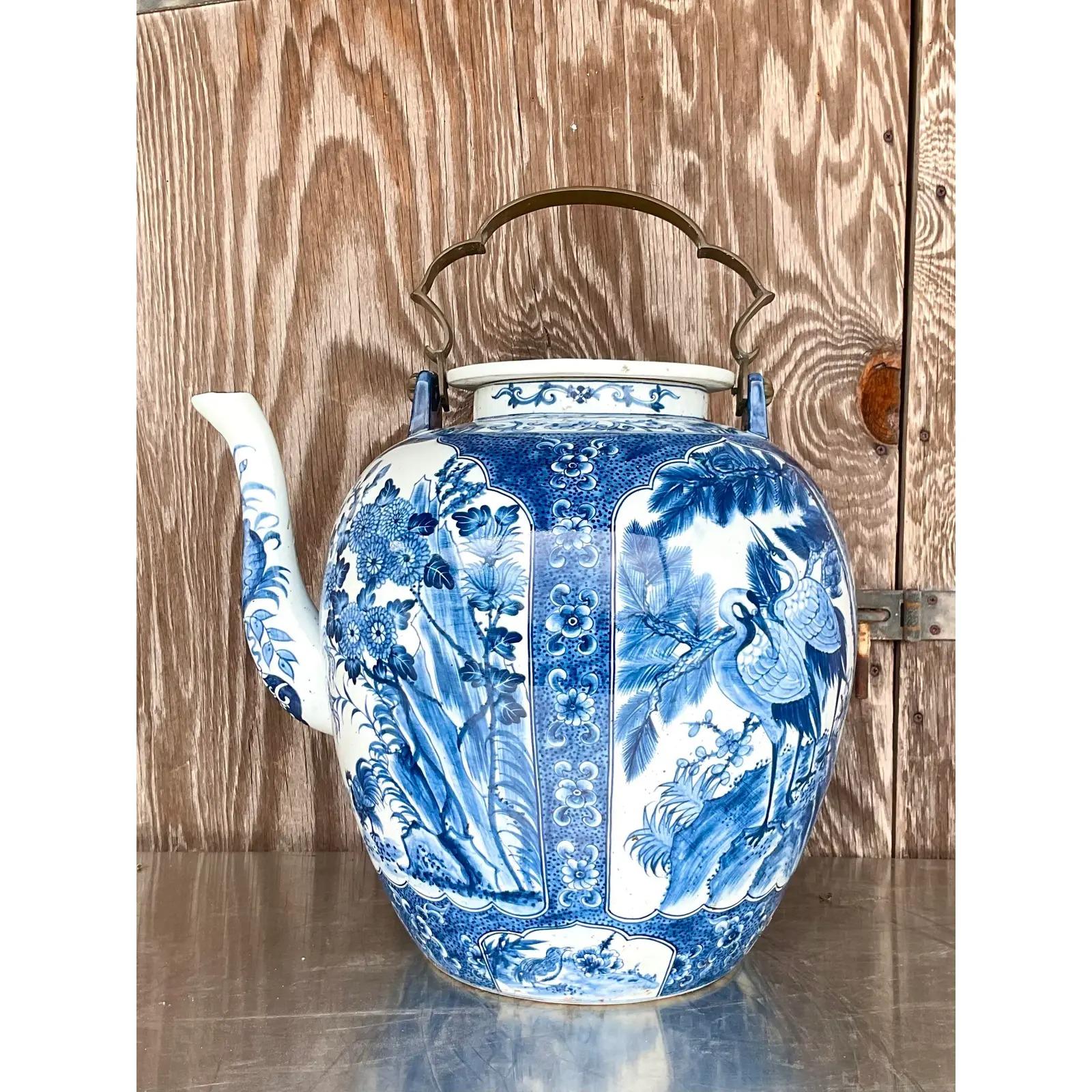 20th Century Vintage Monumental Asian Blue and White Crane Teapot