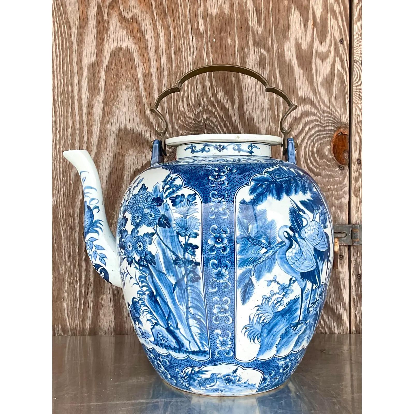 Porcelain Vintage Monumental Asian Blue and White Crane Teapot