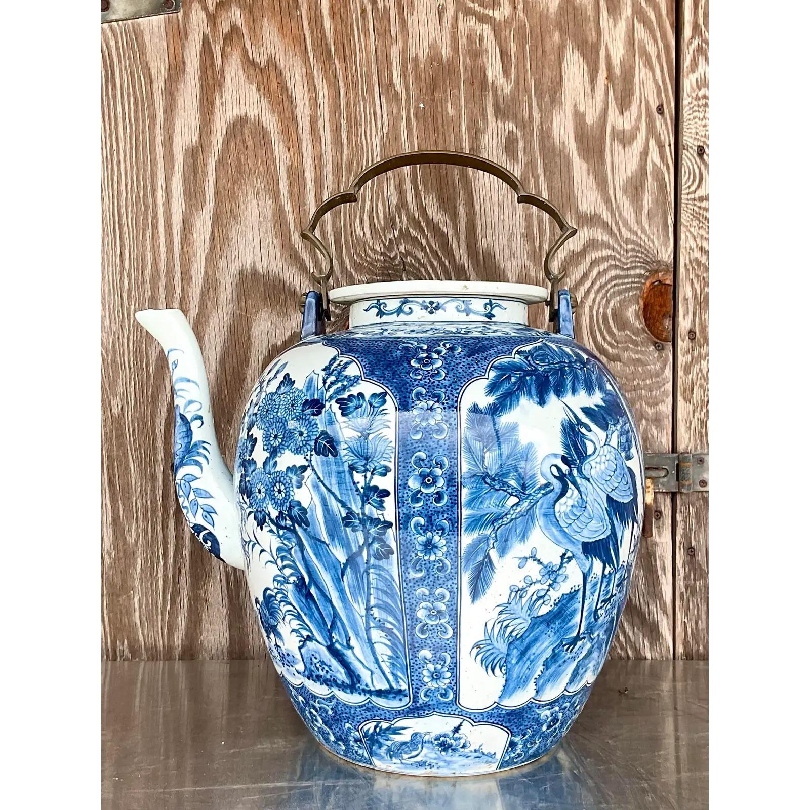 Vintage Monumental Asian Blue and White Crane Teapot 1