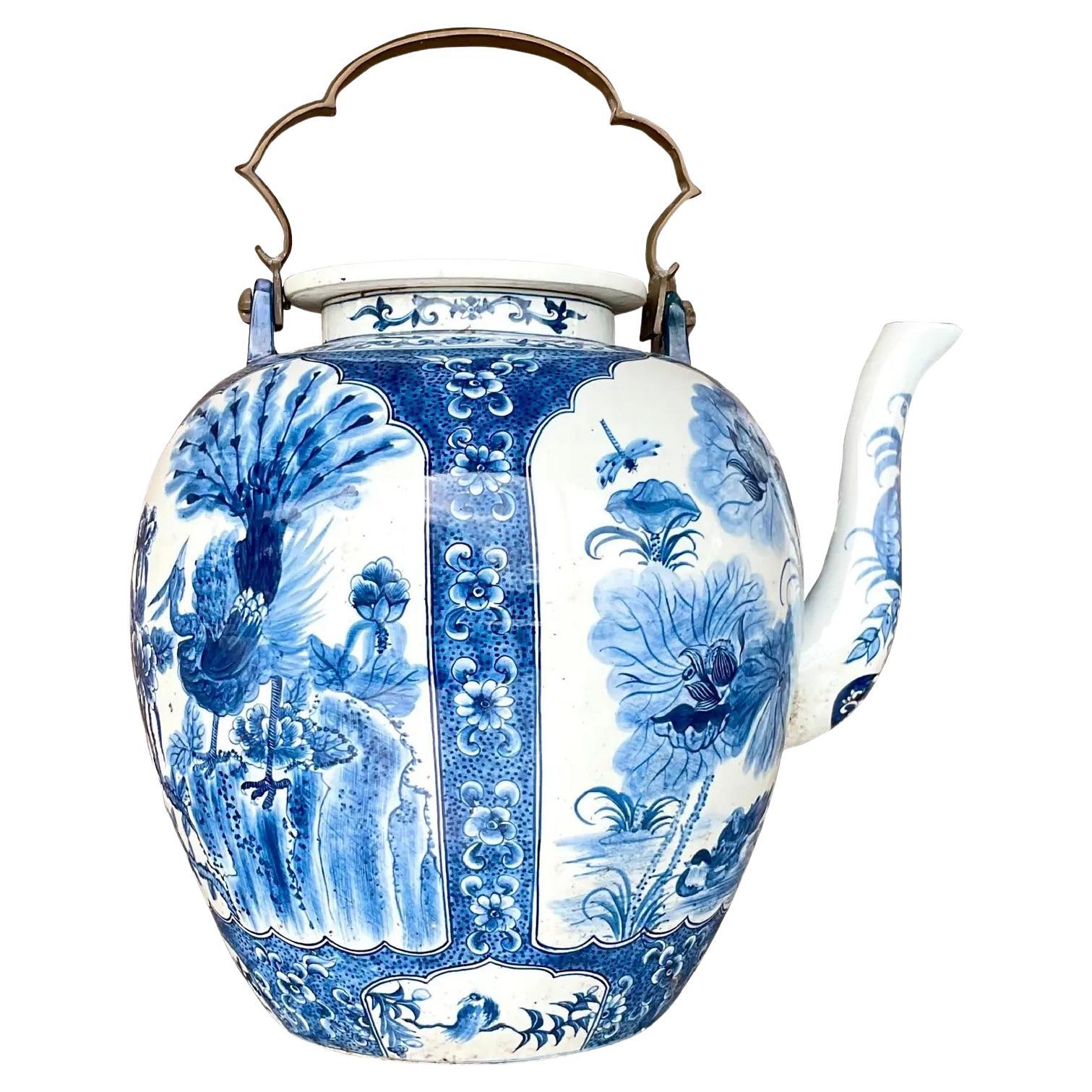 Vintage Monumental Asian Blue and White Crane Teapot