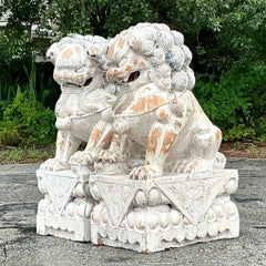 Vintage Monumental Asian Carved Wood Foo Dogs - a Pair