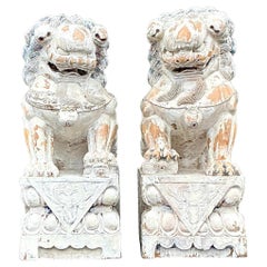 Vintage Monumental Asian Carved Wood Foo Dogs - a Pair