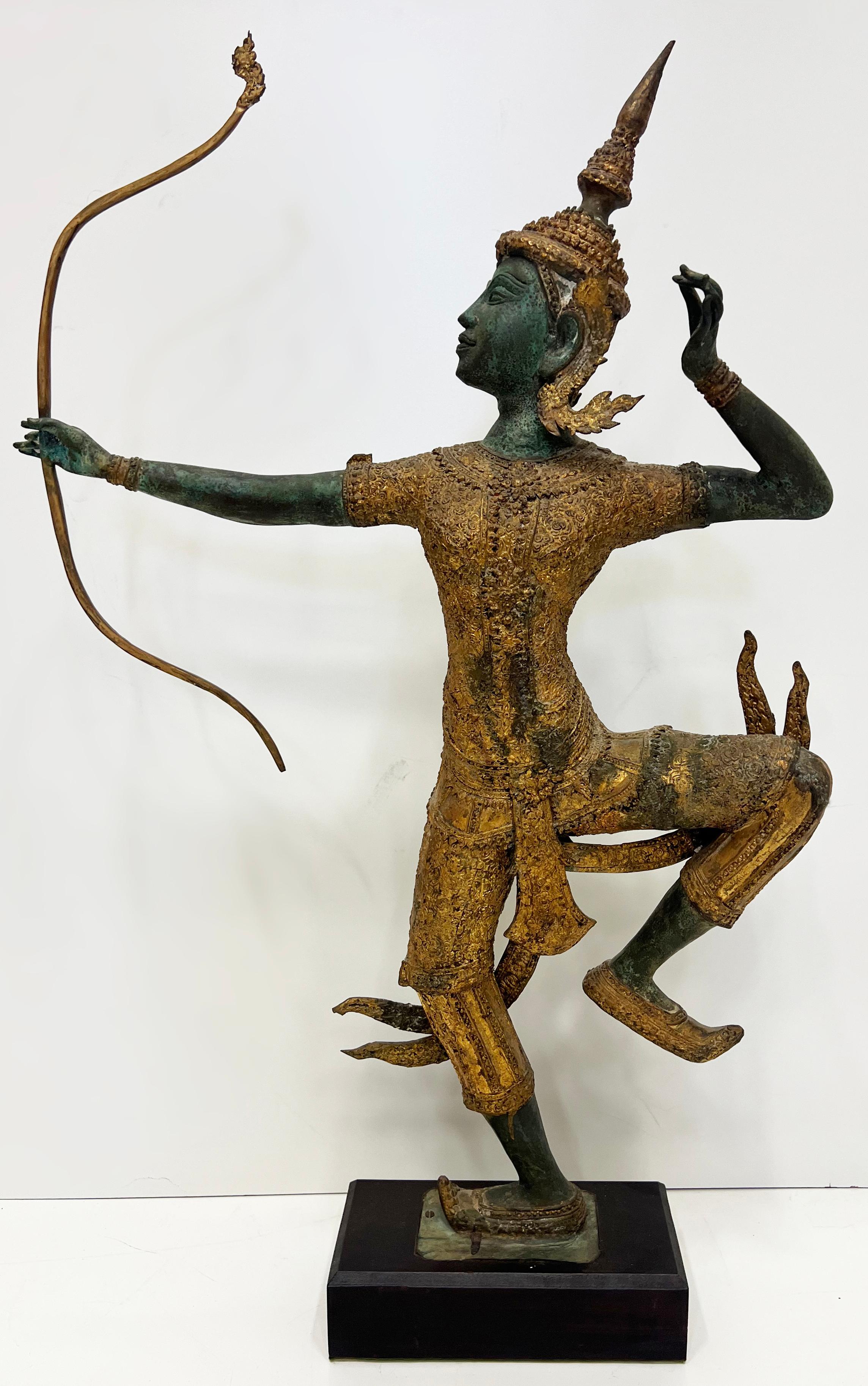 Asiatique Vintage Monumental Asian Gilt Bronze Rama Archer Statue with Applied Patina, 42