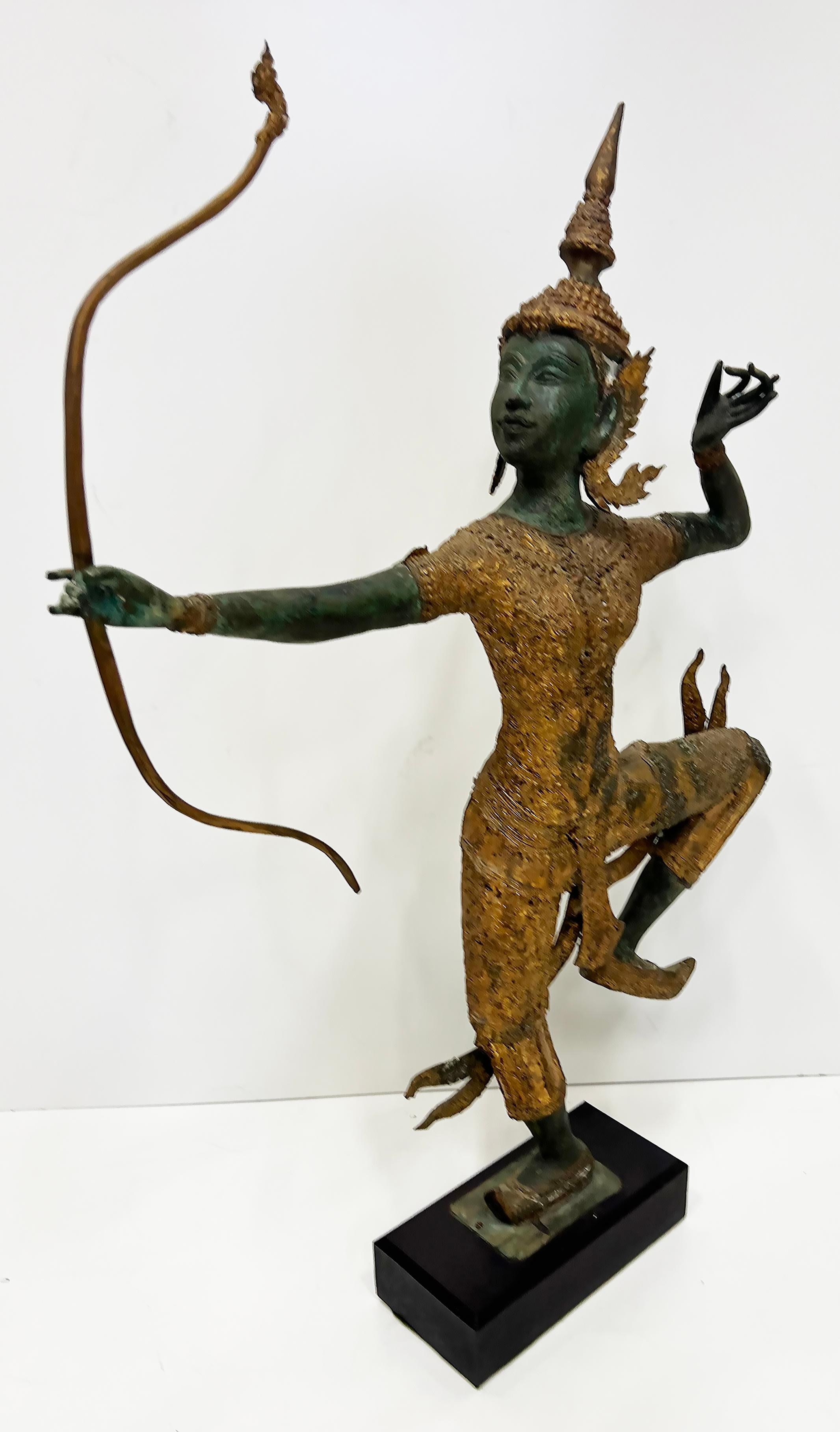 Vintage Monumental Asian Gilt Bronze Rama Archer Statue with Applied Patina, 42