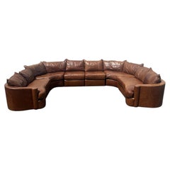 Vintage Monumental Bernhardt Brown Leather Ushaped Pit Sectional