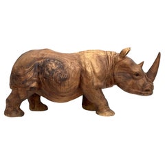 Vintage Monumental Boho Carved Wooden Rhino