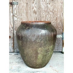 Vintage Monumental Boho Glazed Terracotta Pot