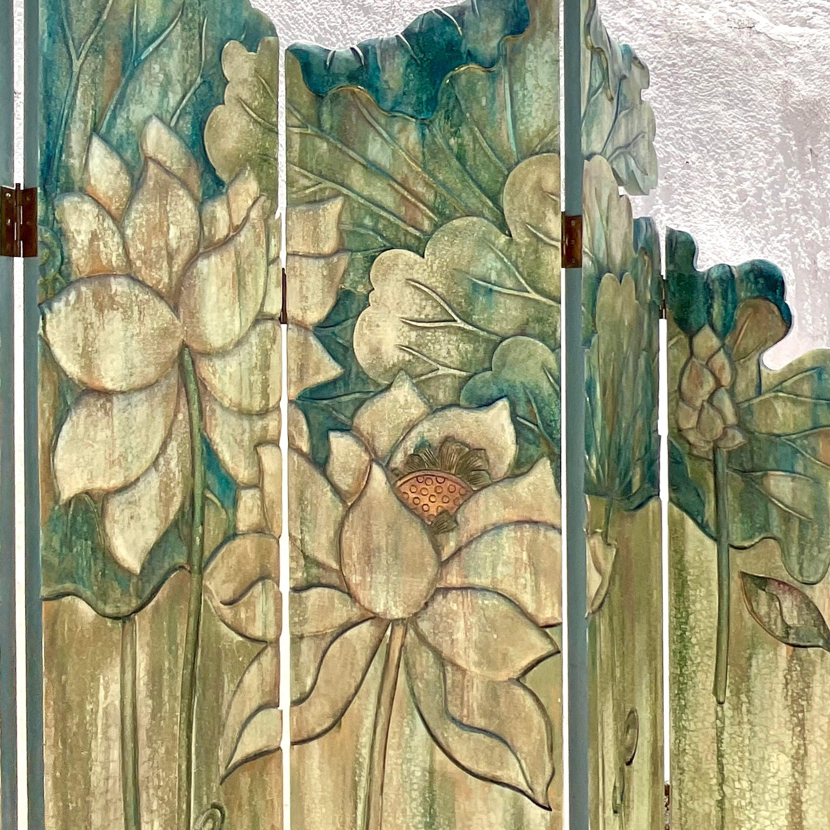 American Vintage Monumental Boho Hand Carved Floral Folding Screen