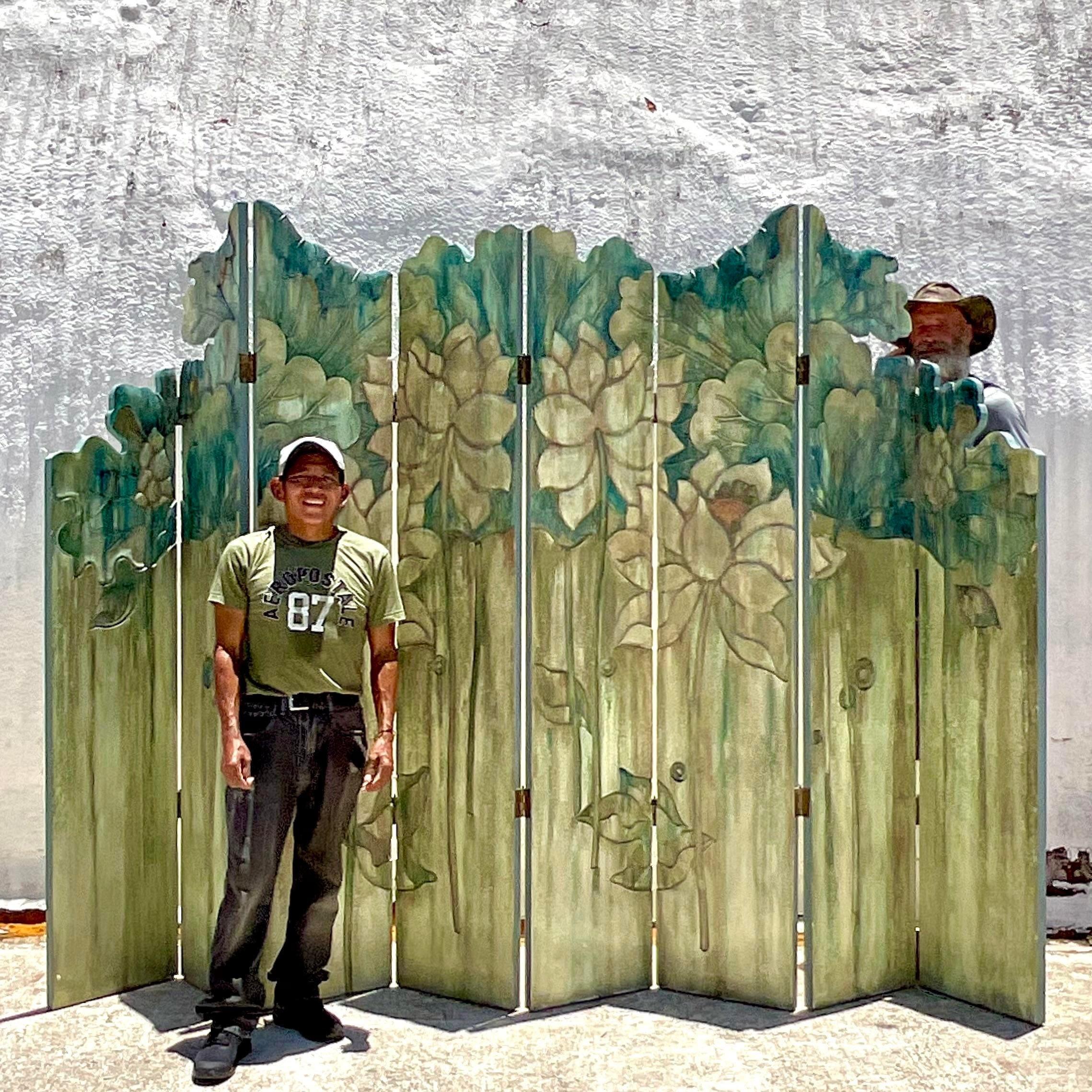 Vintage Monumental Boho Hand Carved Floral Folding Screen In Good Condition In west palm beach, FL