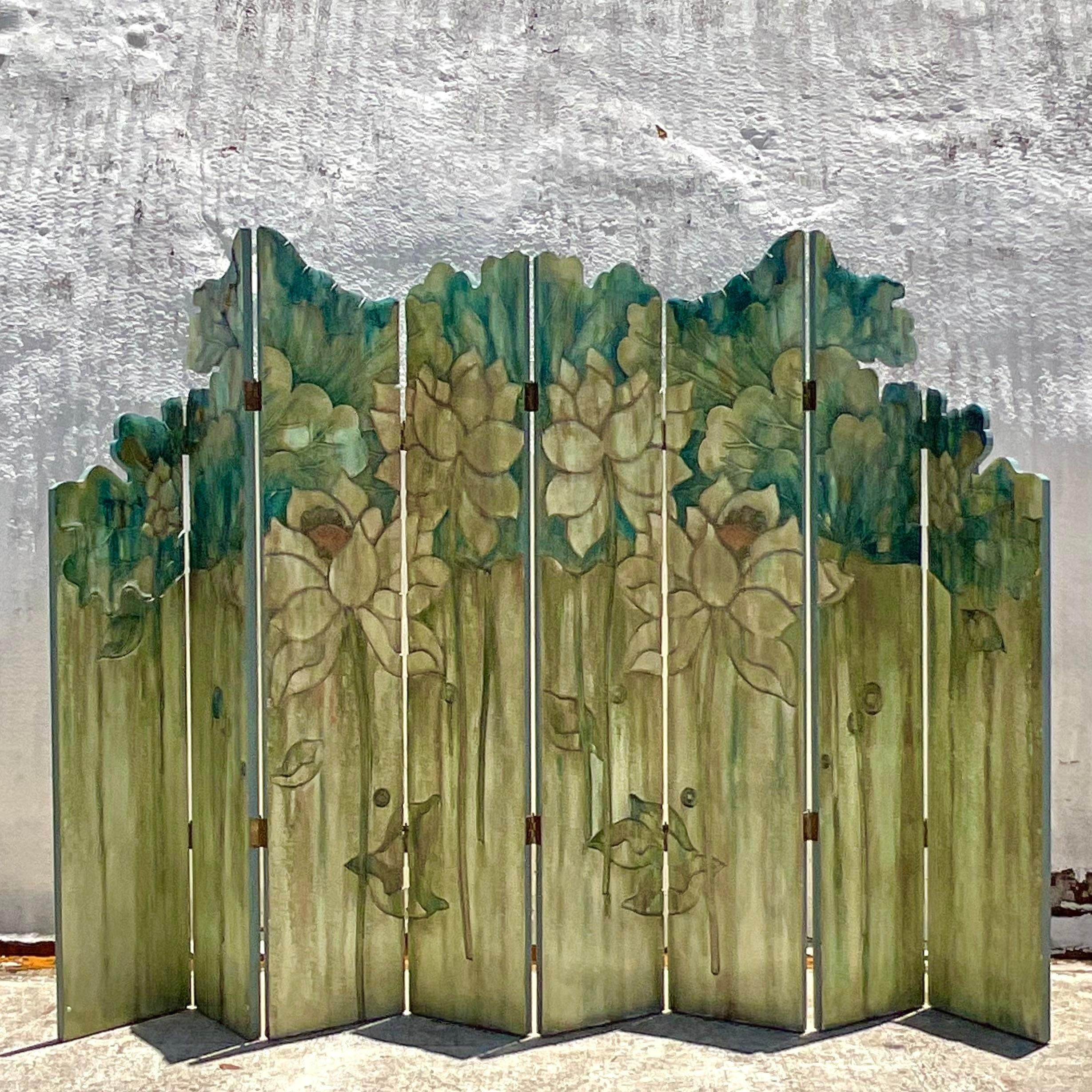 20th Century Vintage Monumental Boho Hand Carved Floral Folding Screen