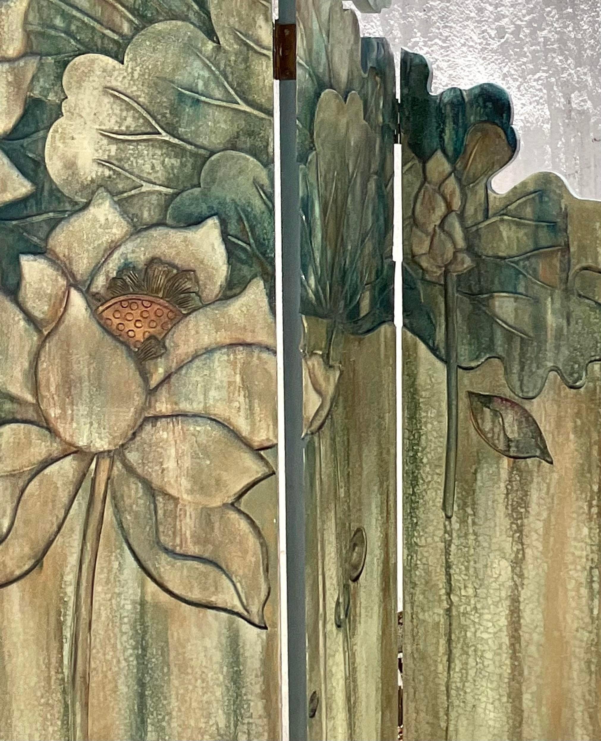 Vintage Monumental Boho Hand Carved Floral Folding Screen 1