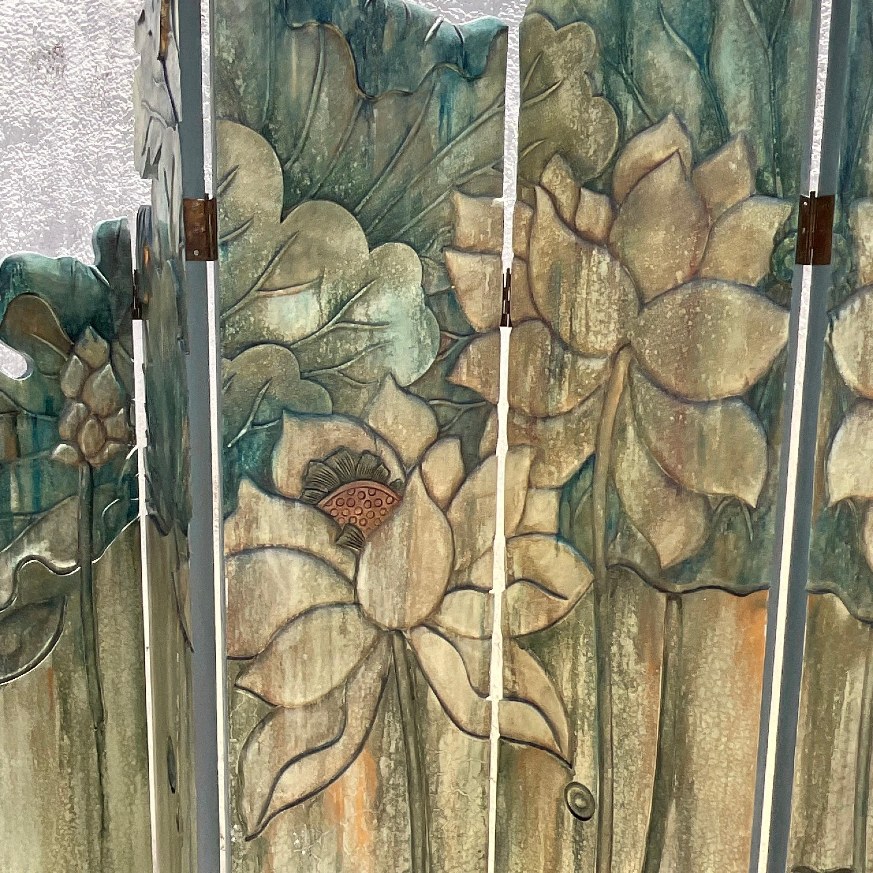Vintage Monumental Boho Hand Carved Floral Folding Screen 2