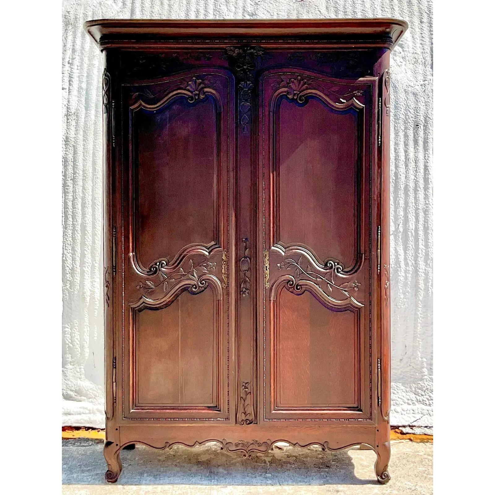 Rustic Vintage Monumental Boho Hand Carved French Armoire For Sale