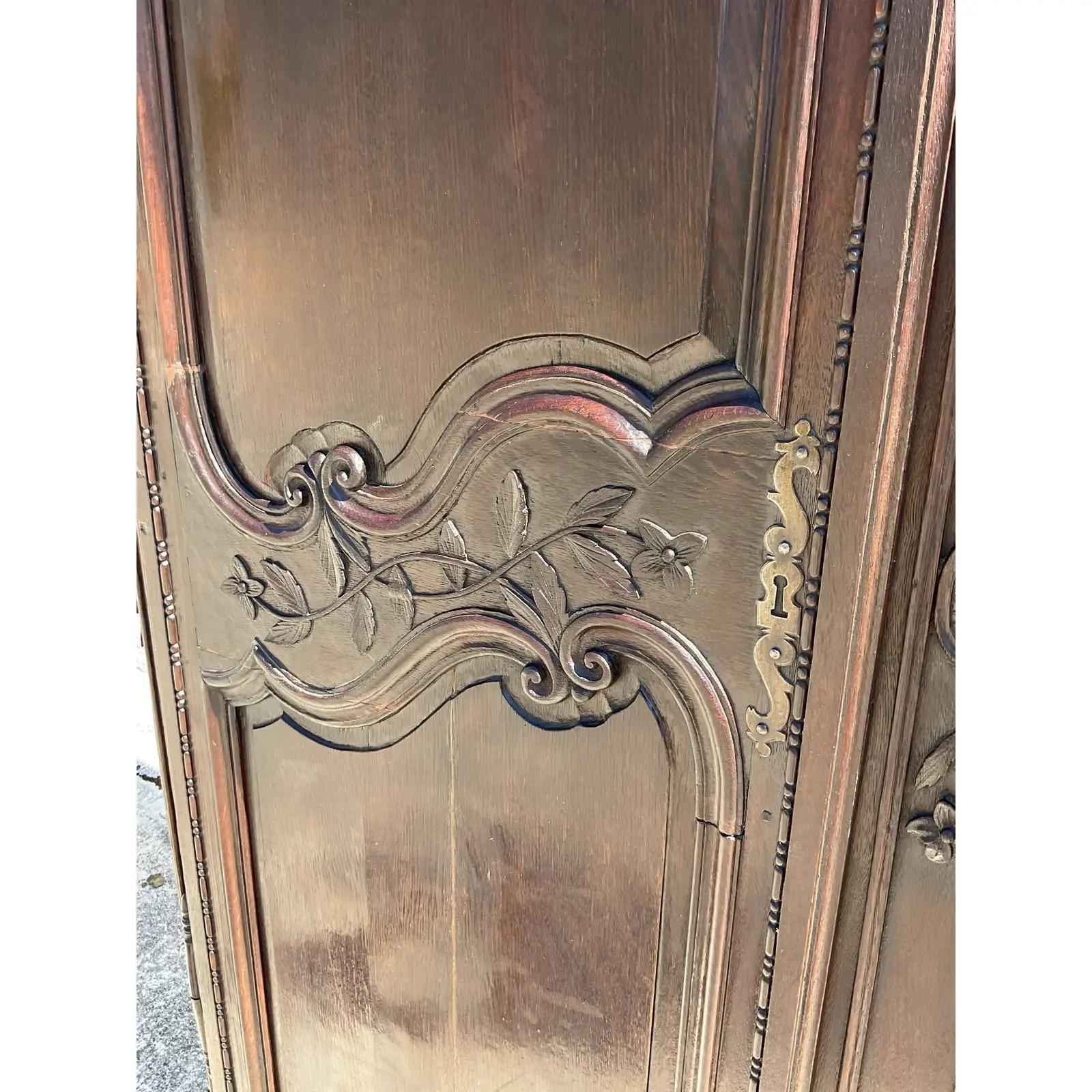 Vintage Monumental Boho Hand Carved French Armoire In Good Condition For Sale In west palm beach, FL