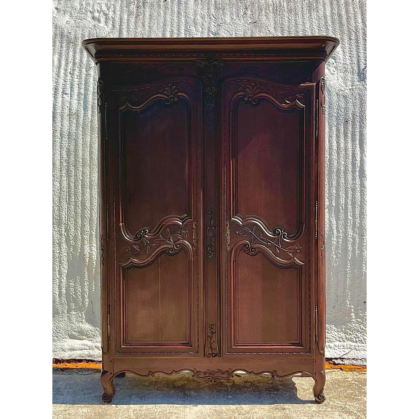 20th Century Vintage Monumental Boho Hand Carved French Armoire For Sale