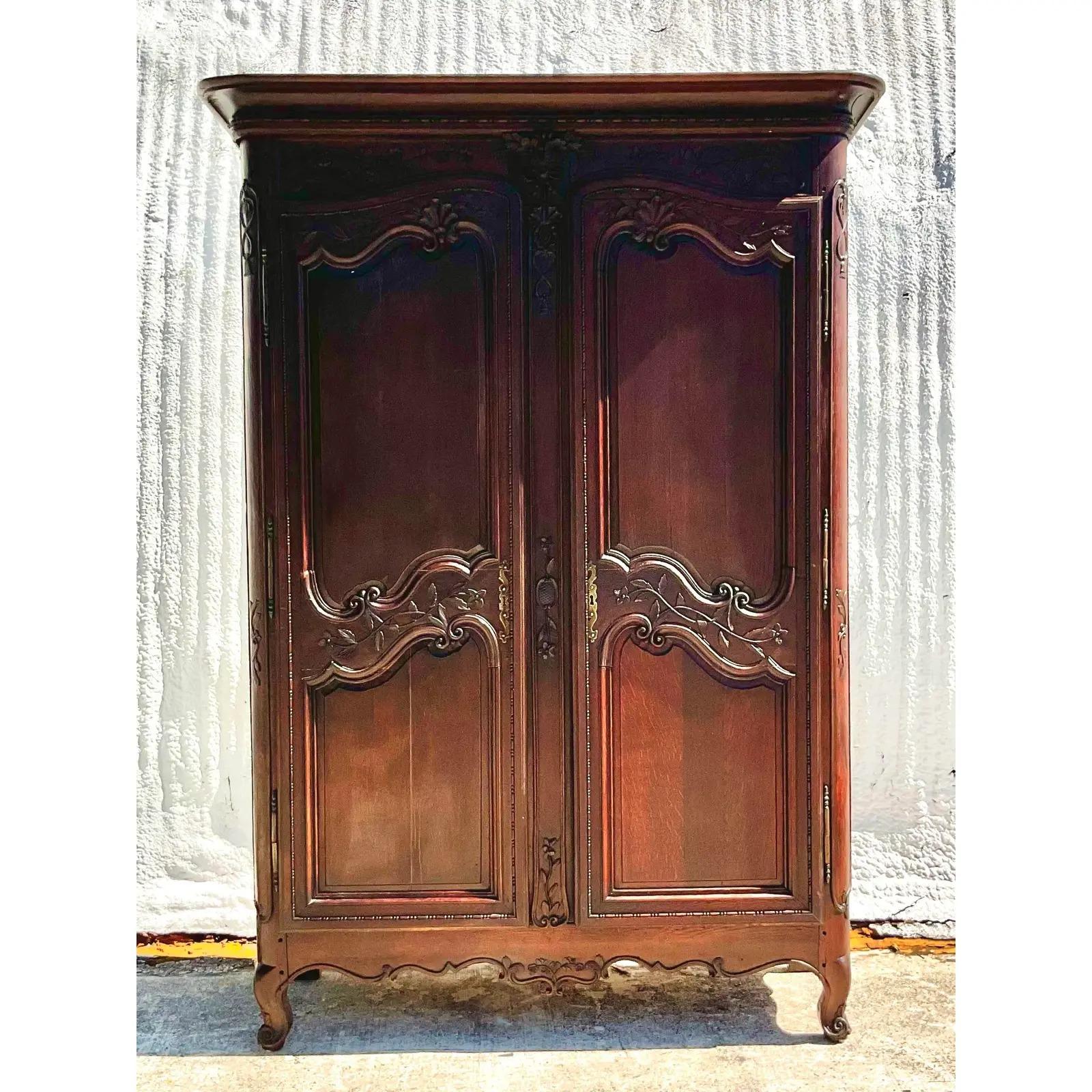 Vintage Monumental Boho Hand Carved French Armoire For Sale 1