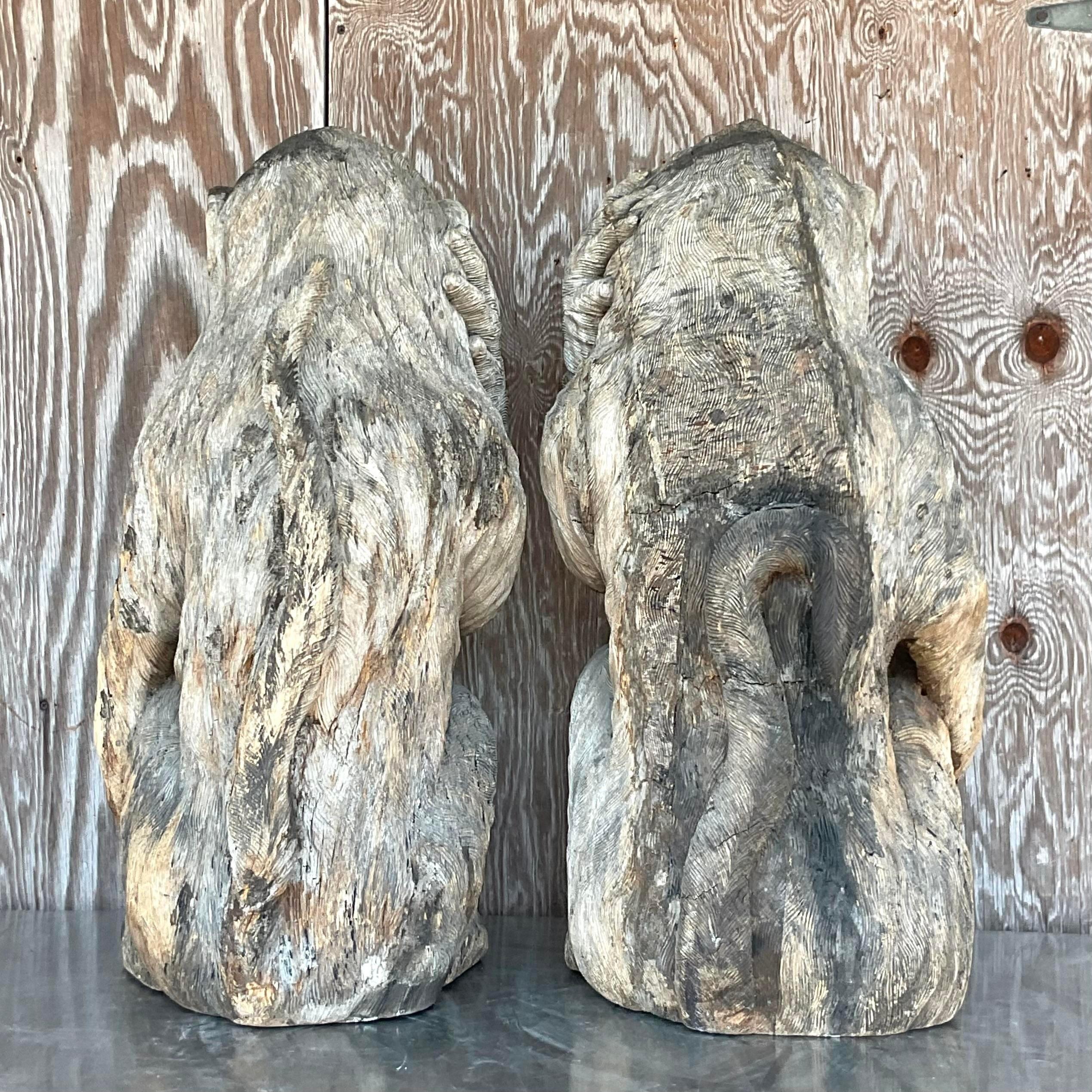 Philippine Vintage Monumental Boho Hand Carved Wooden Monkeys - a Pair