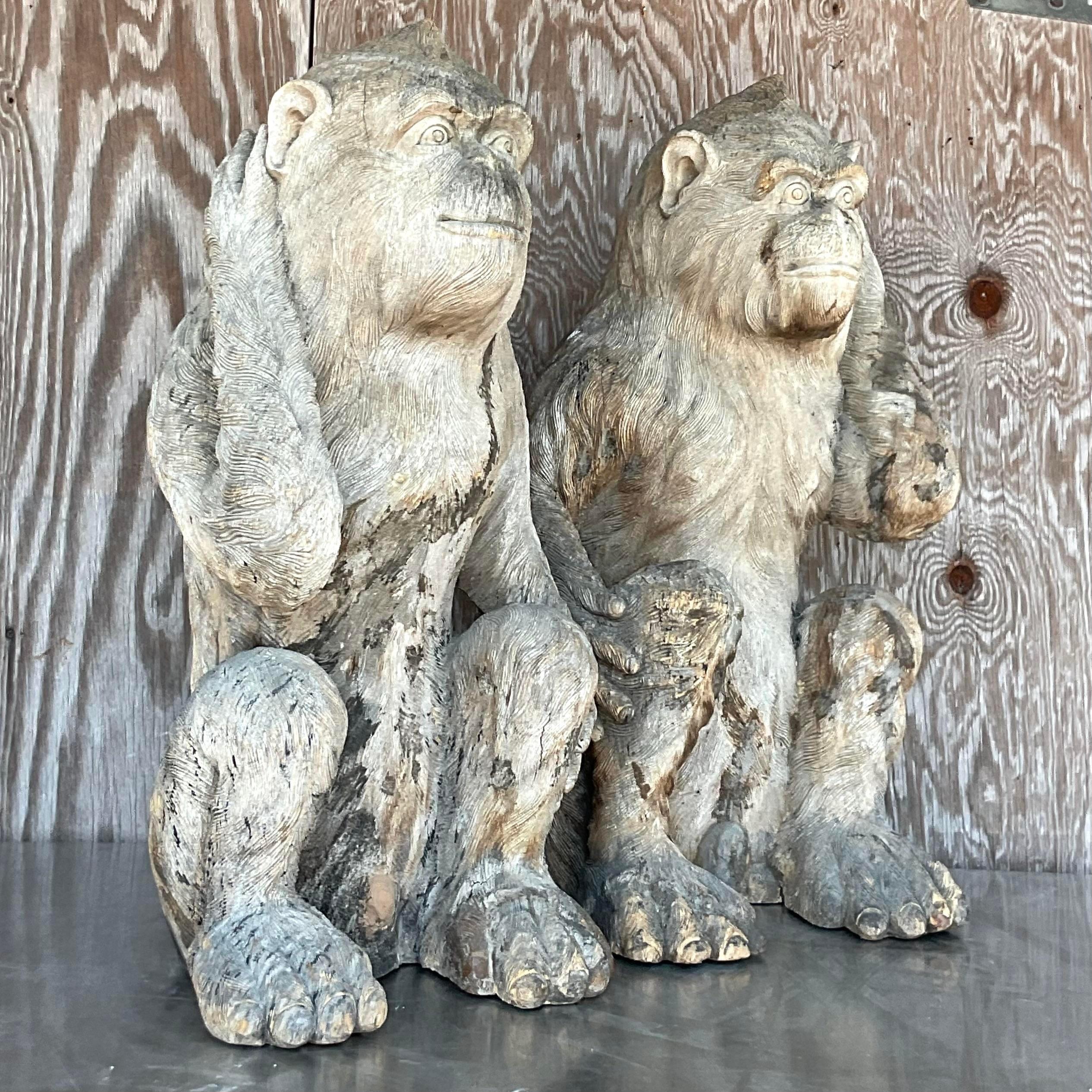 Vintage Monumental Boho Hand Carved Wooden Monkeys - a Pair In Good Condition In west palm beach, FL