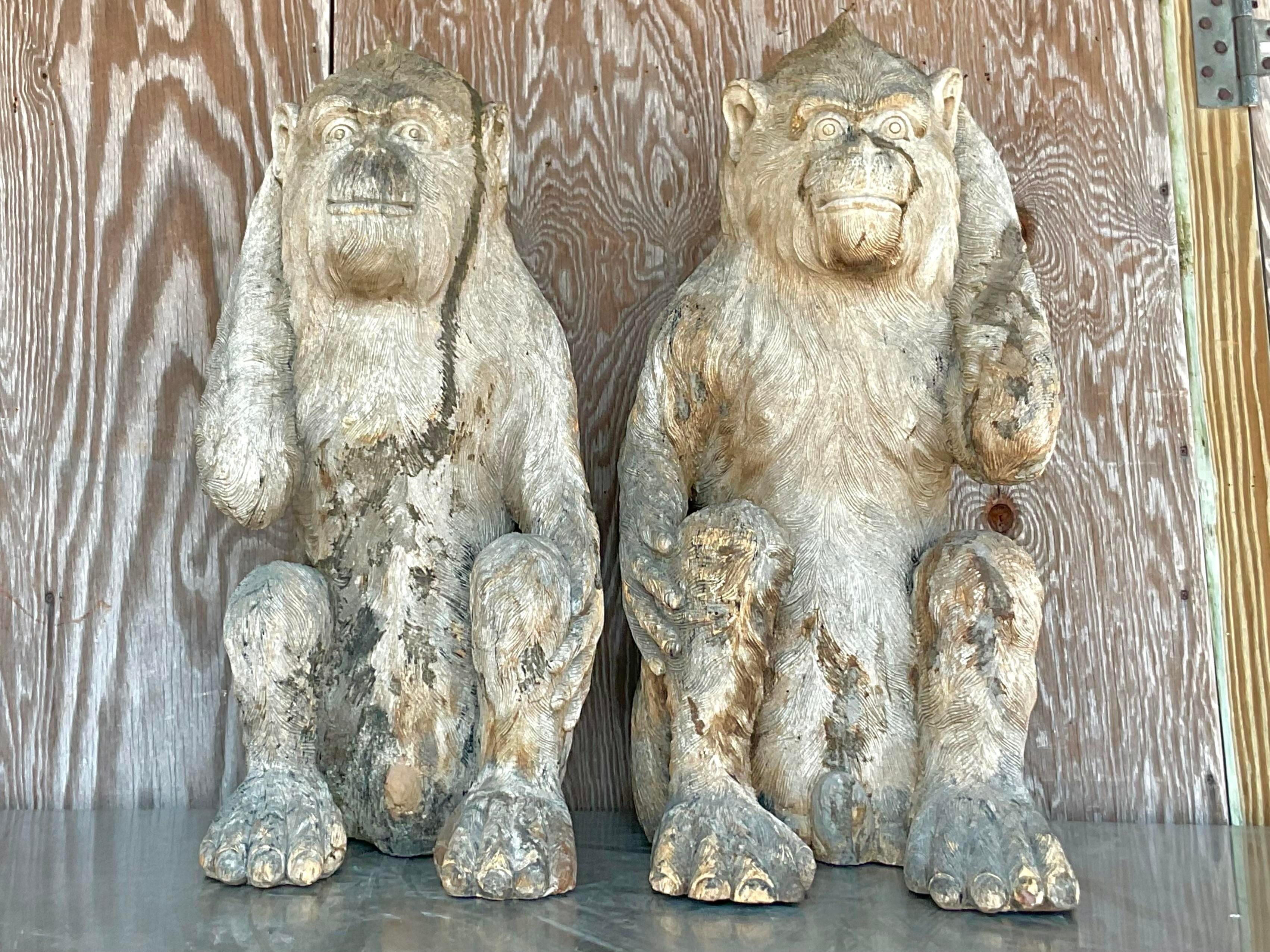 Vintage Monumental Boho Hand Carved Wooden Monkeys - a Pair 1