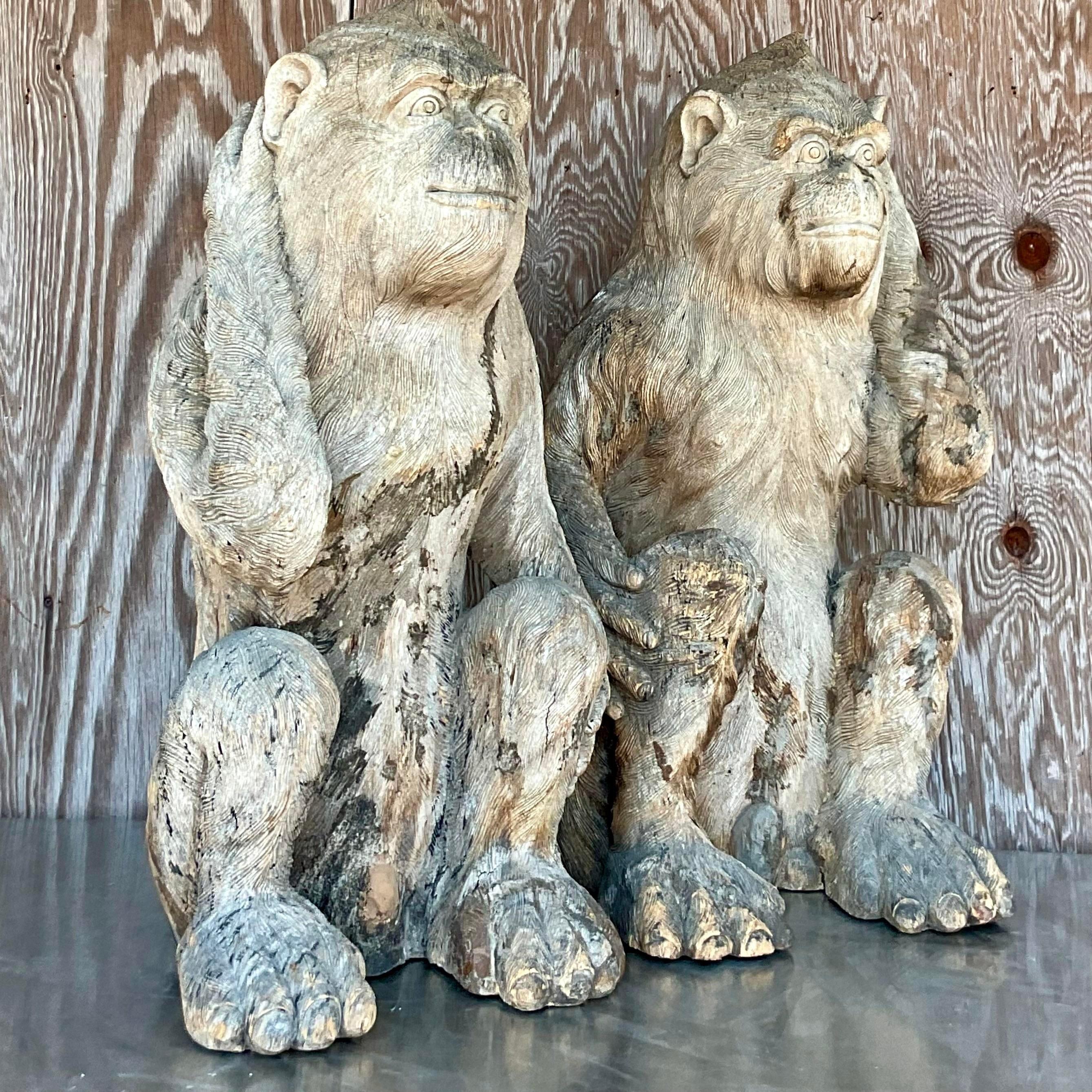 Vintage Monumental Boho Hand Carved Wooden Monkeys - a Pair 2