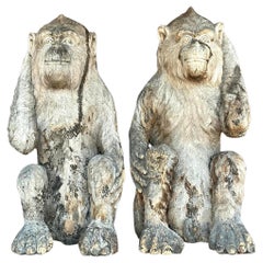 Vintage Monumental Boho Hand Carved Wooden Monkeys - a Pair