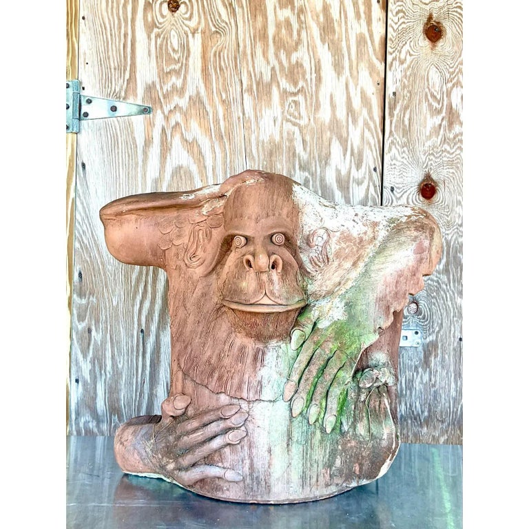 Vintage Monumental Boho Hand Made Terra Cotta Gorilla Sculpture For