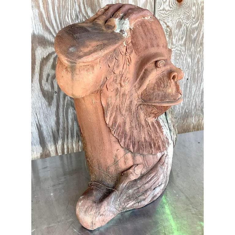 Vintage Monumental Boho Hand Made Terra Cotta Gorilla Sculpture For