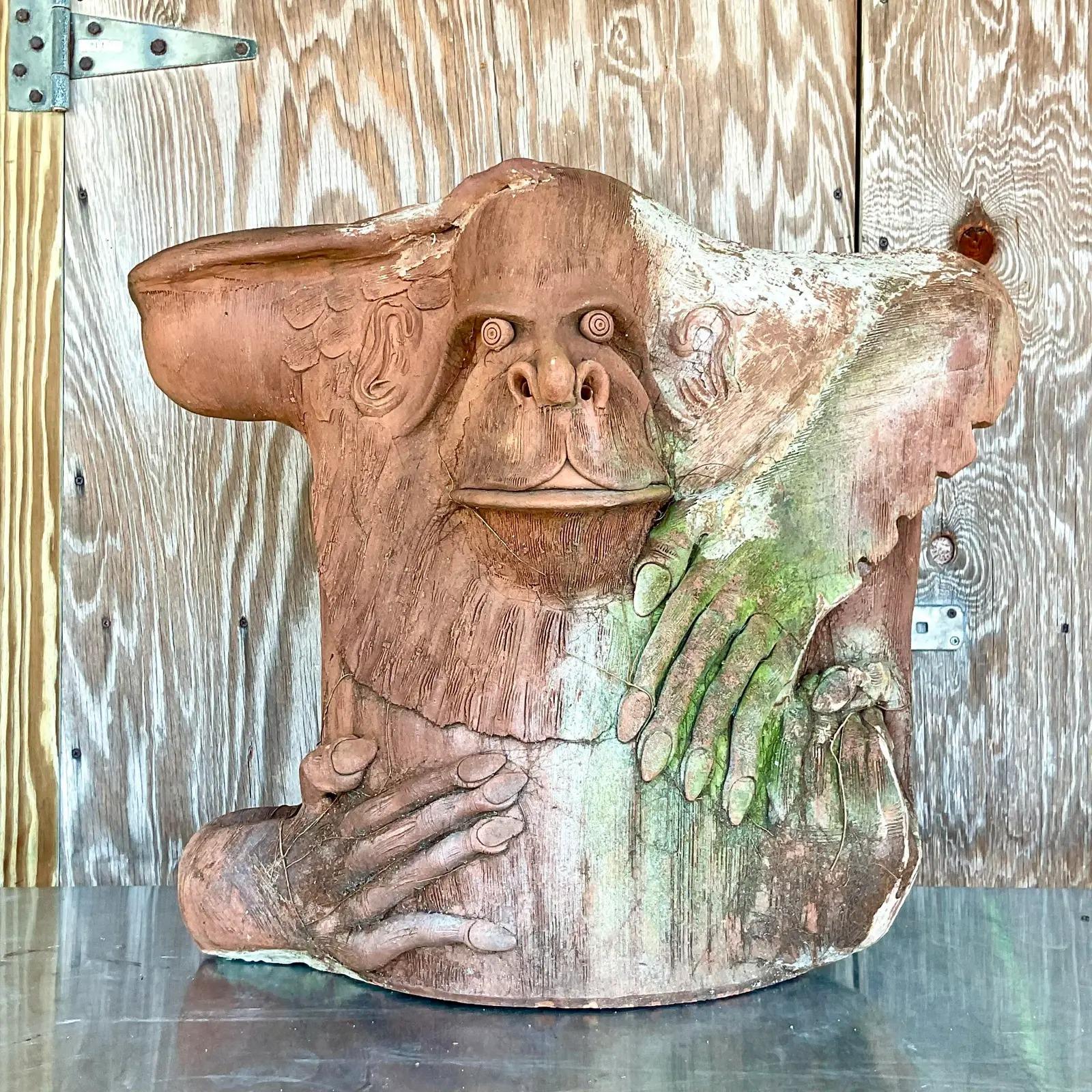 Vintage Monumental Boho Hand Made Terra Cotta Gorilla Sculpture For Sale 1
