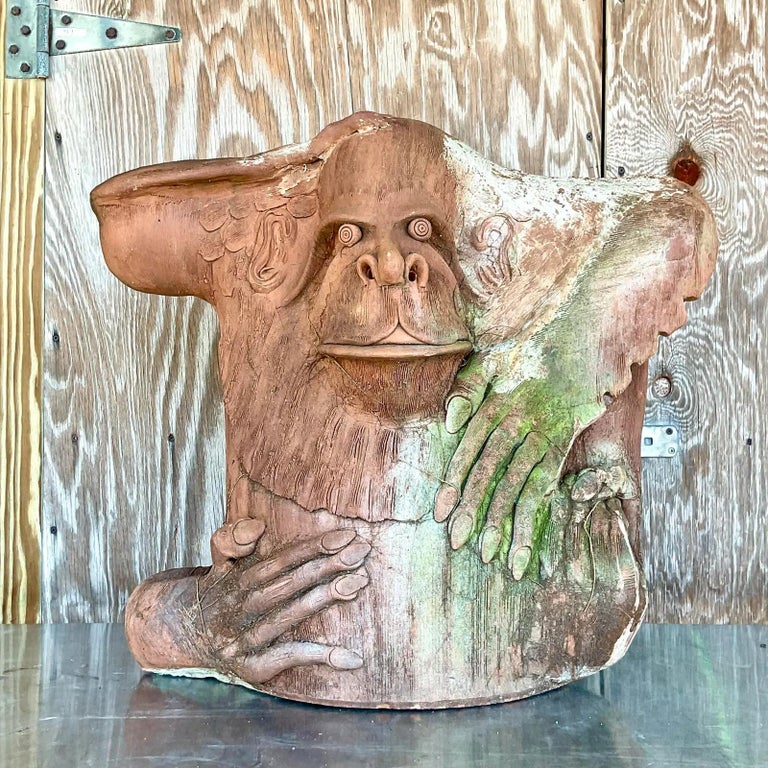Vintage Monumental Boho Hand Made Terra Cotta Gorilla Sculpture For