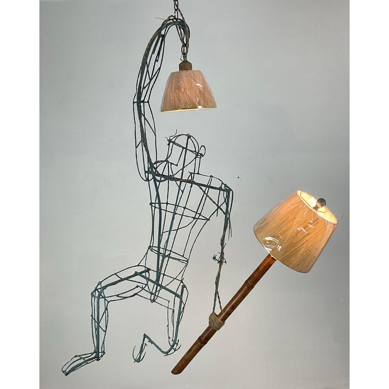 Vintage Monumental Boho Hanging Wire Frame Monkey Lamp For Sale 3