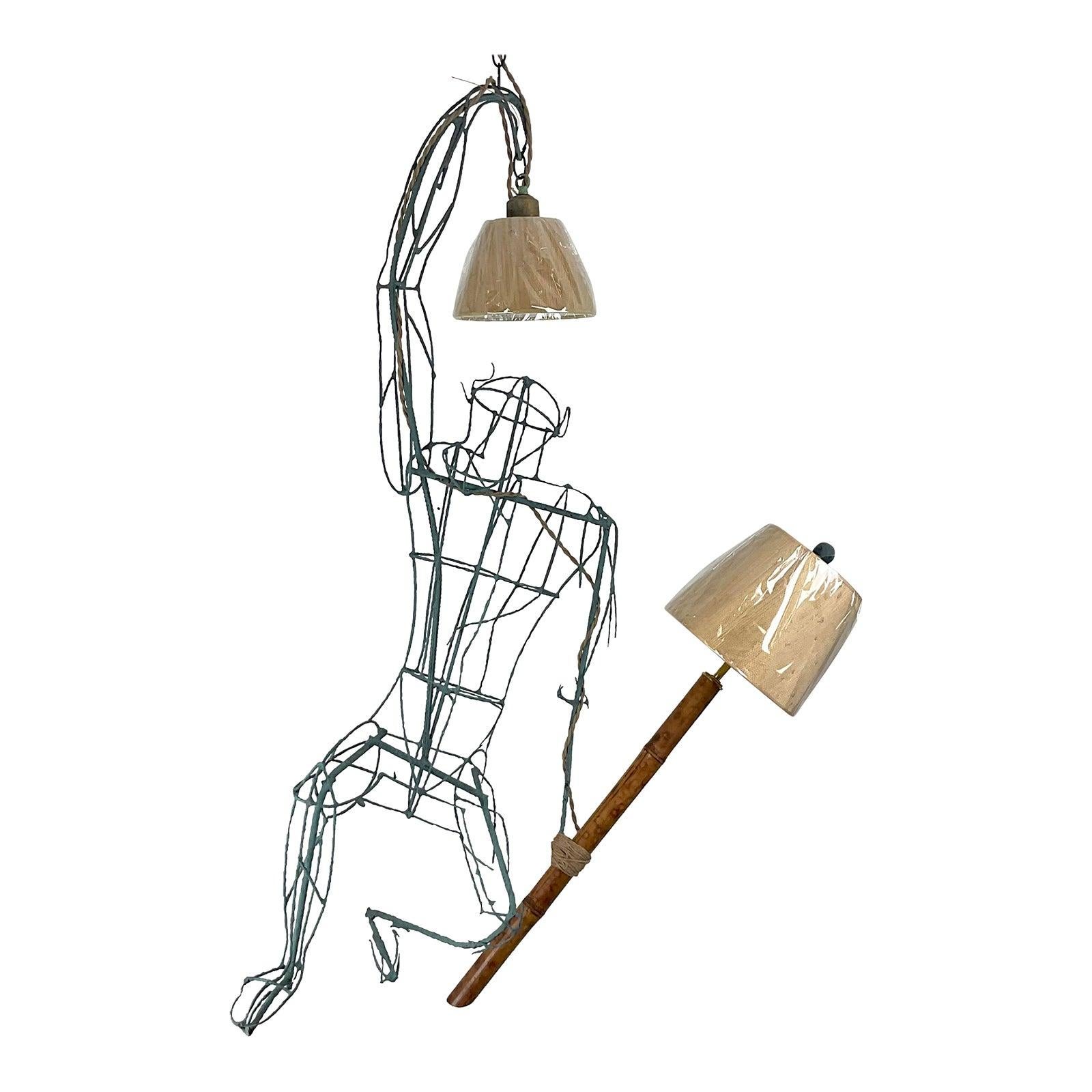Vintage Monumental Boho Hanging Wire Frame Monkey Lamp For Sale 5