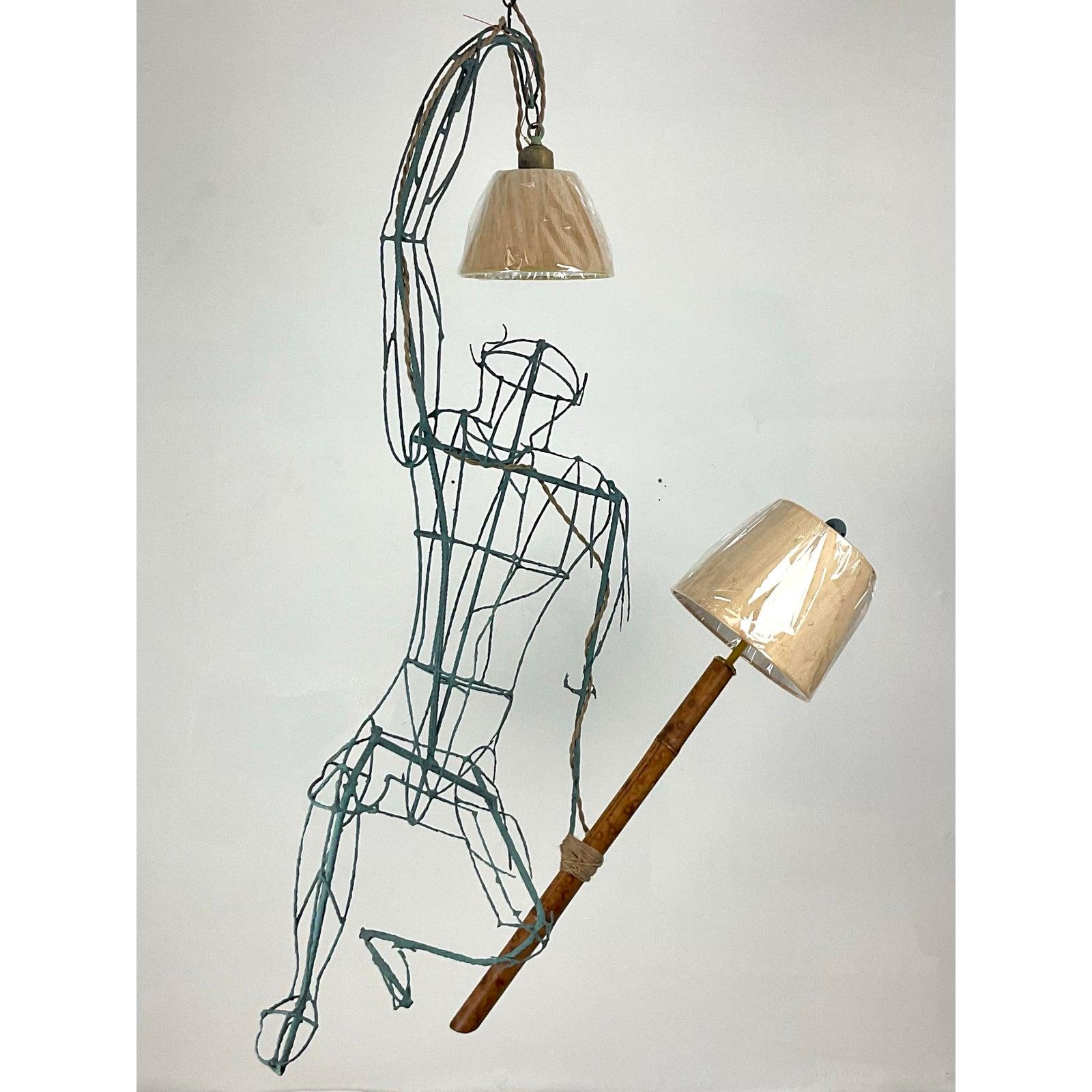 Contemporary Vintage Monumental Boho Hanging Wire Frame Monkey Lamp For Sale