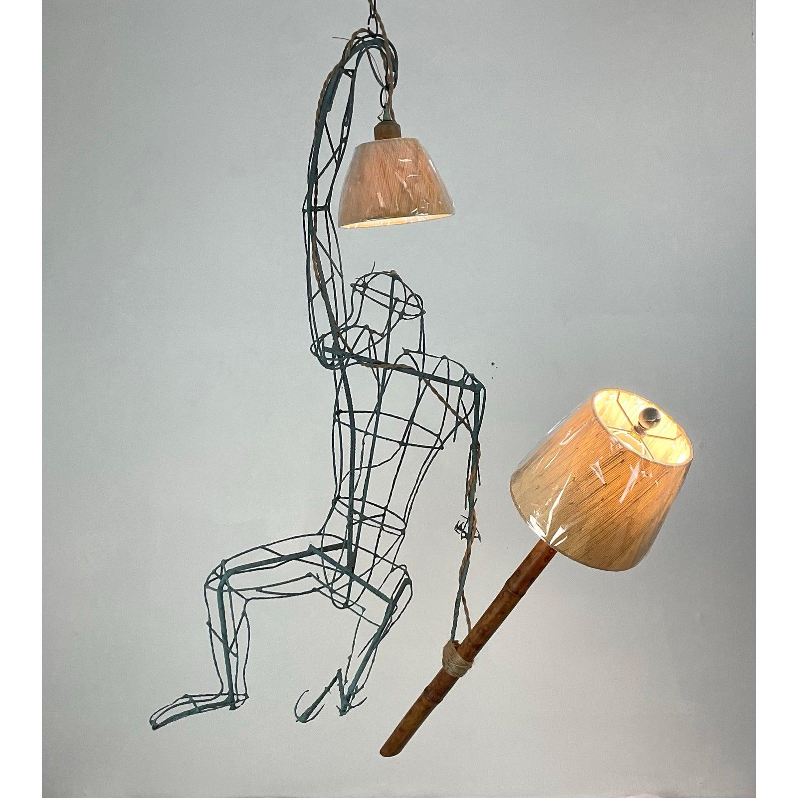 Vintage Monumental Boho Hanging Wire Frame Monkey Lamp For Sale 1