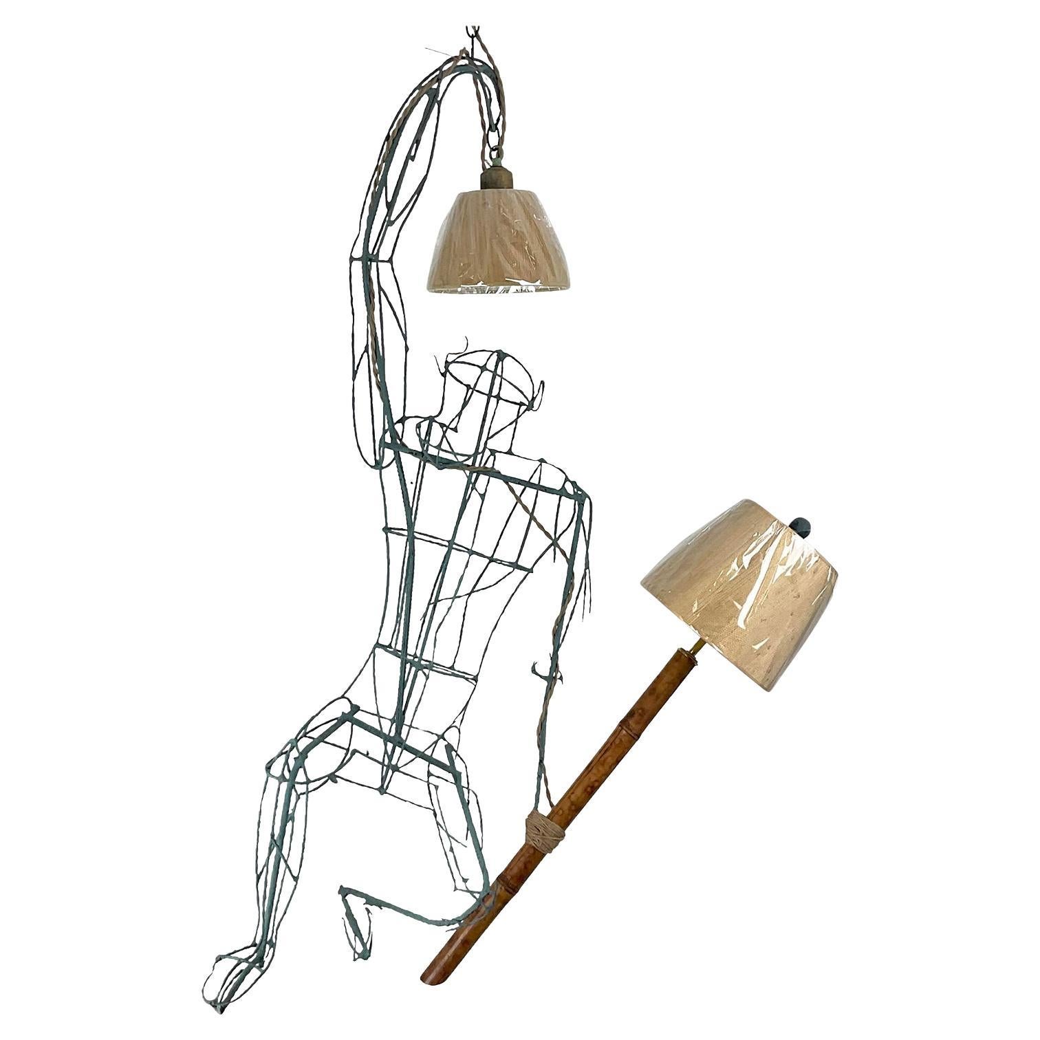 Vintage Monumental Boho Hanging Wire Frame Monkey Lamp For Sale