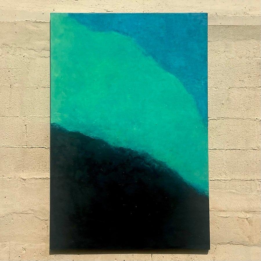 Tauchen Sie ein in die fesselnde Essenz dieses monumentalen abstrakten Ölgemäldes im Vintage-Stil, ein wahres Zeugnis der Boho-Kunst. Der beruhigende Farbverlauf von Teal und Schwarz erinnert an die Ruhe der Meerestiefen und die Anziehungskraft von