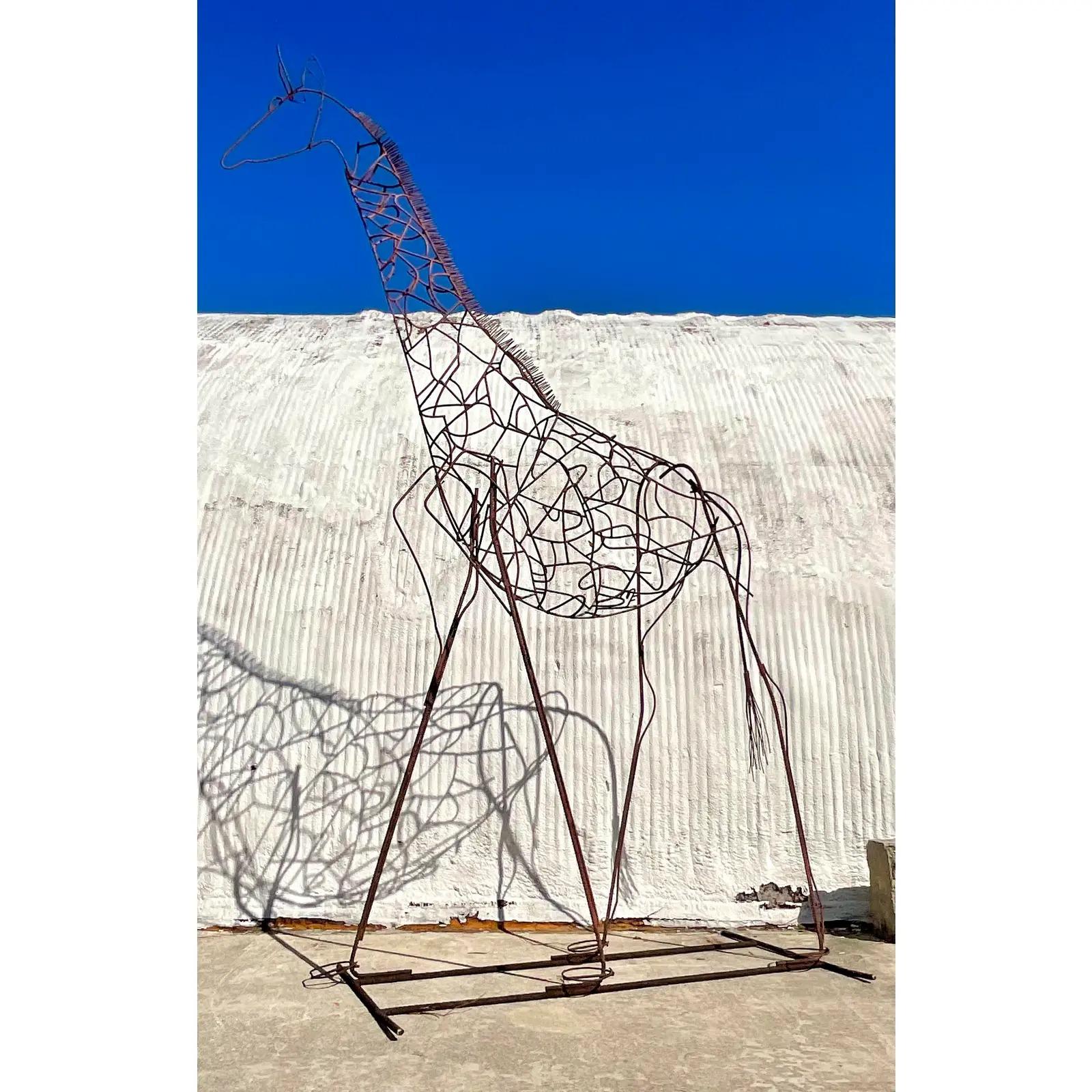 North American Vintage Monumental Boho Patinated Steel Giraffe Sculpture