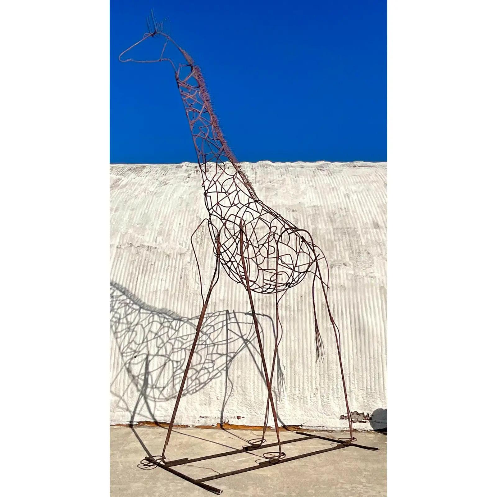 Vintage Monumental Boho Patinated Steel Giraffe Sculpture In Good Condition In west palm beach, FL