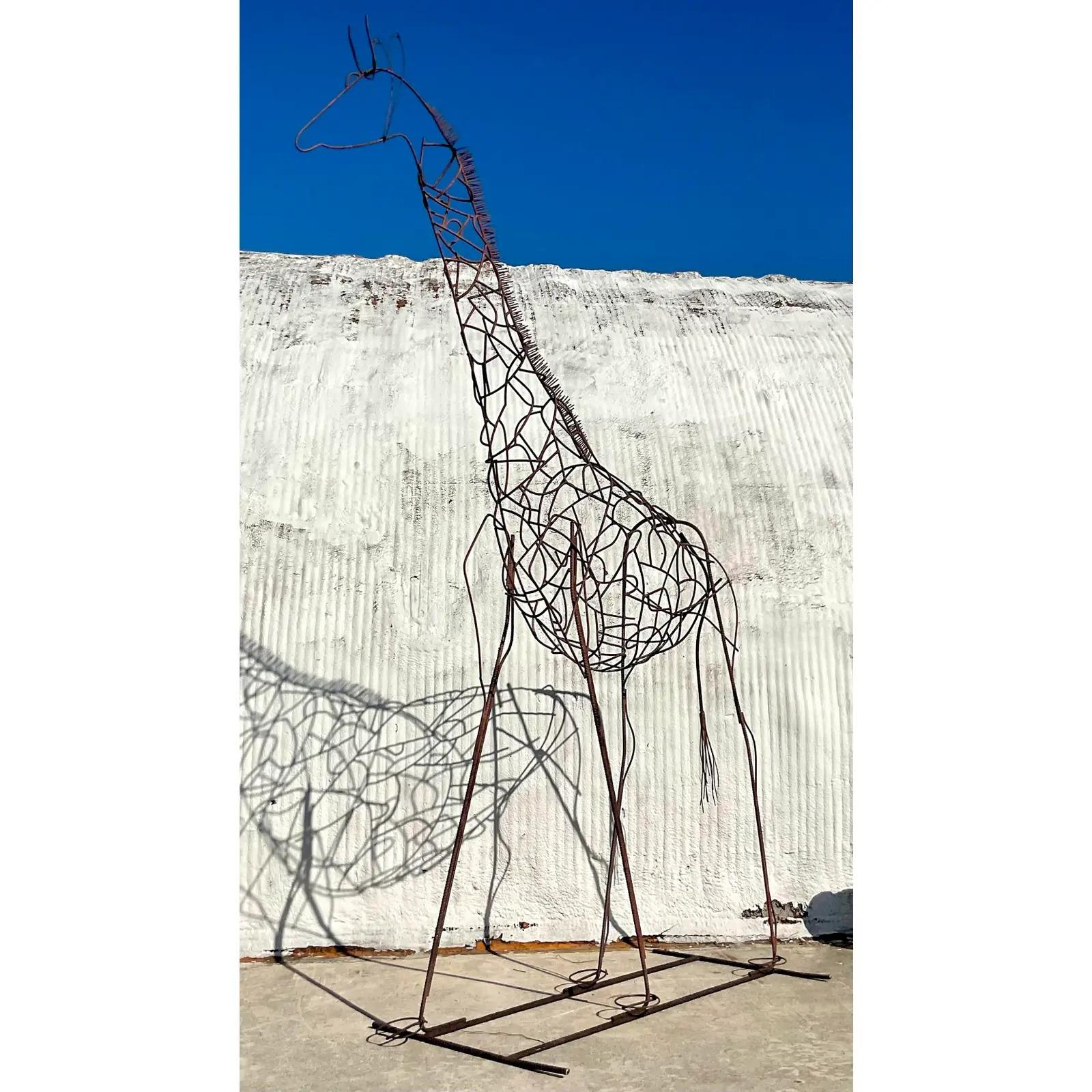 20th Century Vintage Monumental Boho Patinated Steel Giraffe Sculpture