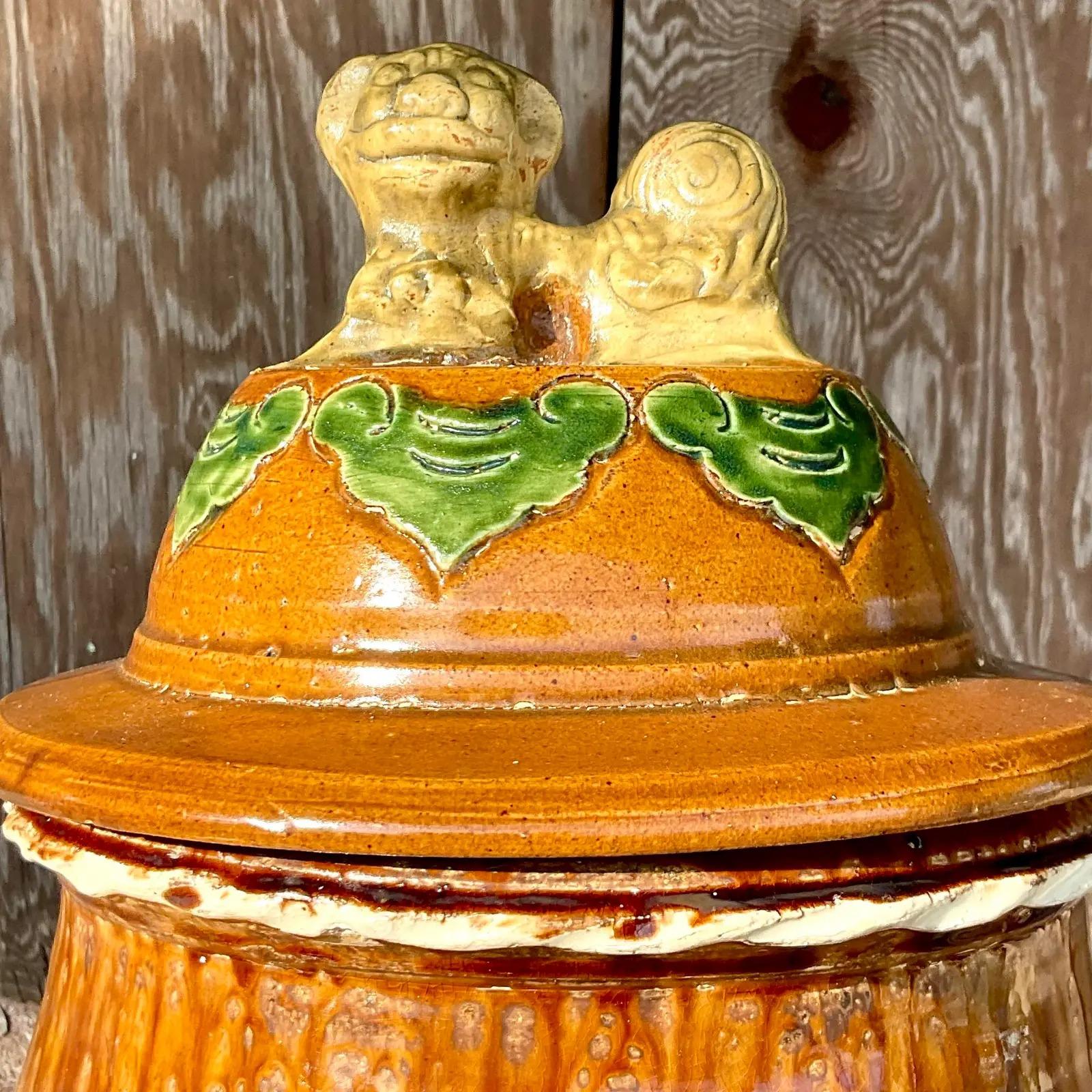 Vintage Monumental Boho Pottery Martaban Urn In Good Condition For Sale In west palm beach, FL