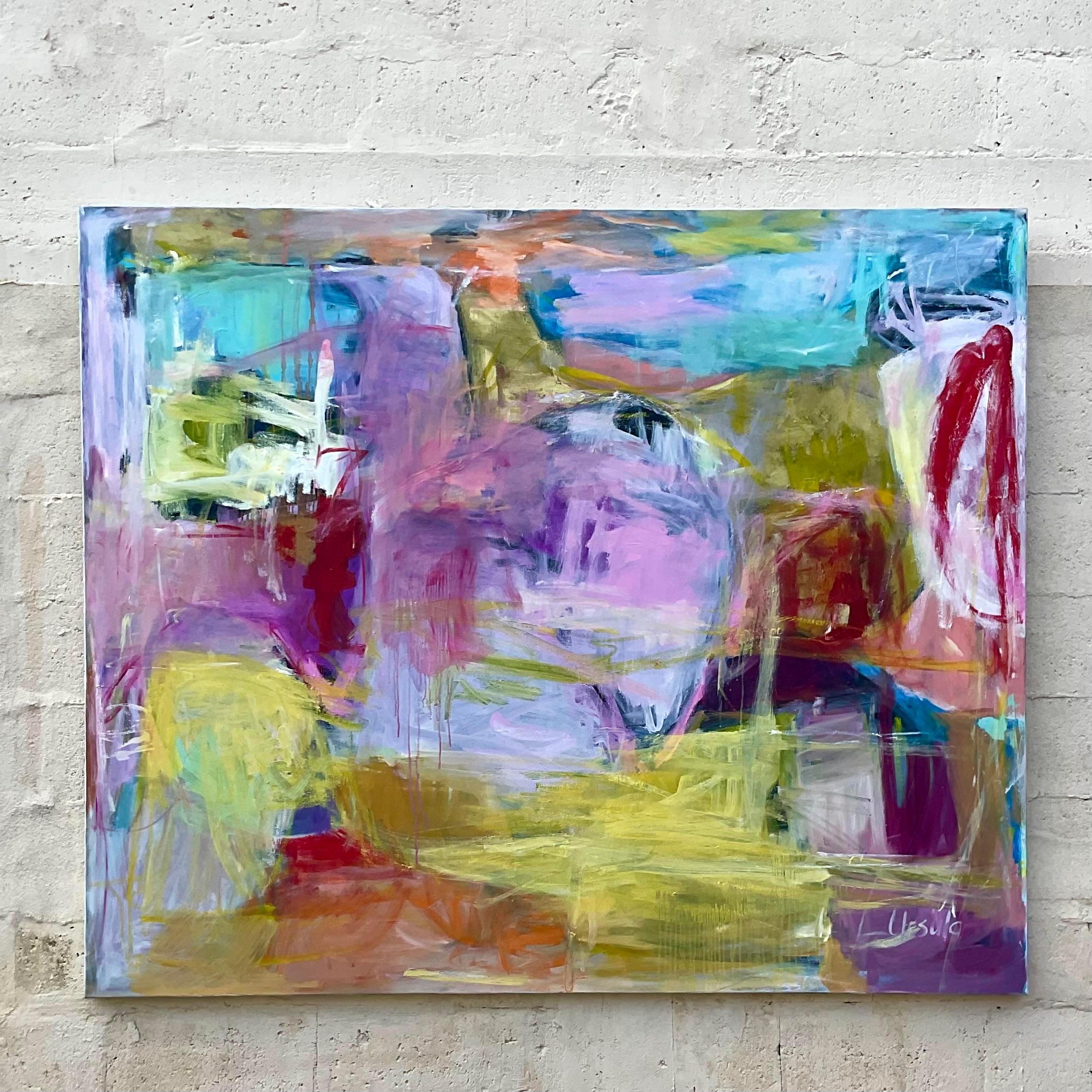 A striking vintage Boho original oil painting. A chic Abstract high energy composition in brilliant clear colors. Signed by the artist. Acquired from a Palm Beach estate.