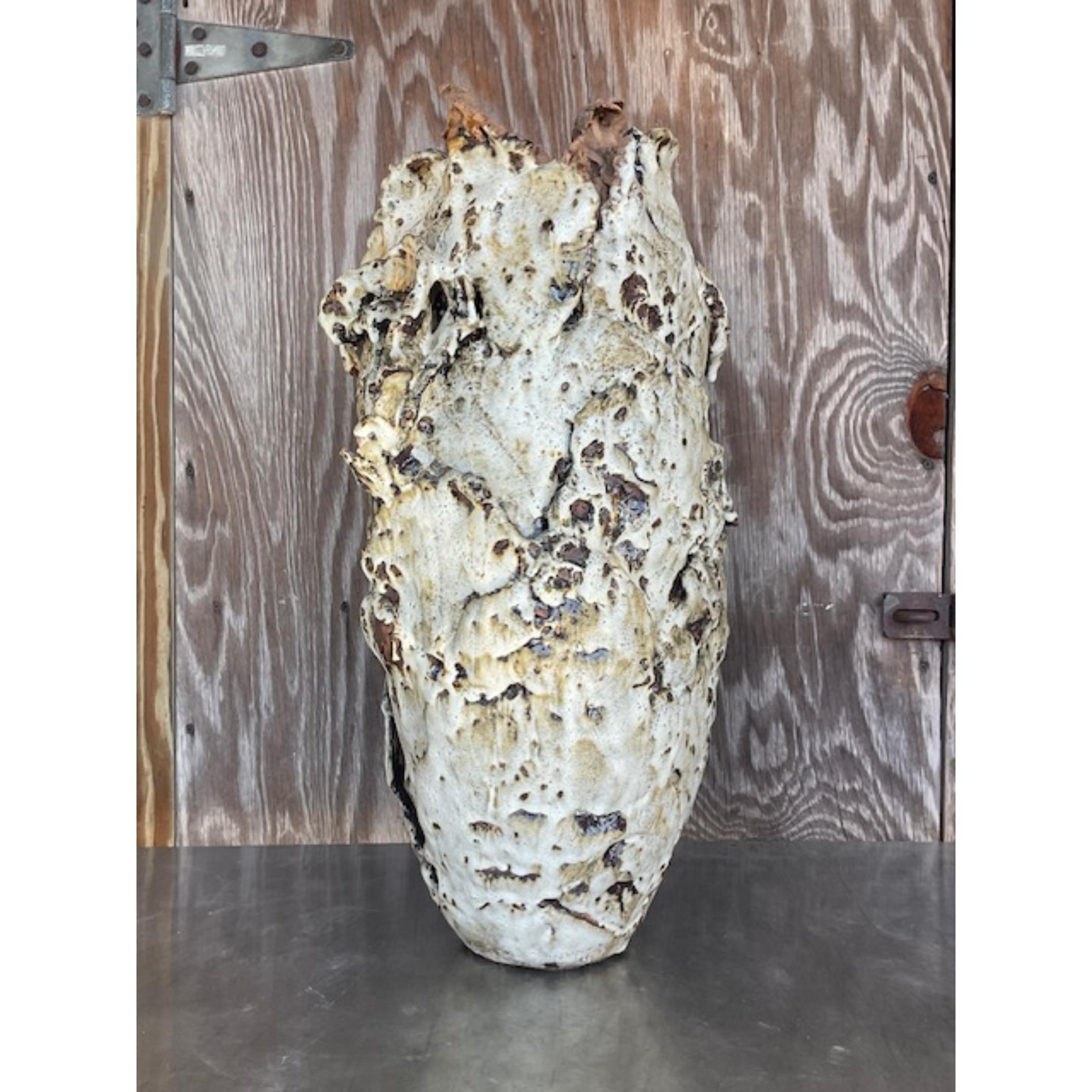 Vintage Monumental Boho Studio Pottery Slab Built Vase In Good Condition For Sale In west palm beach, FL