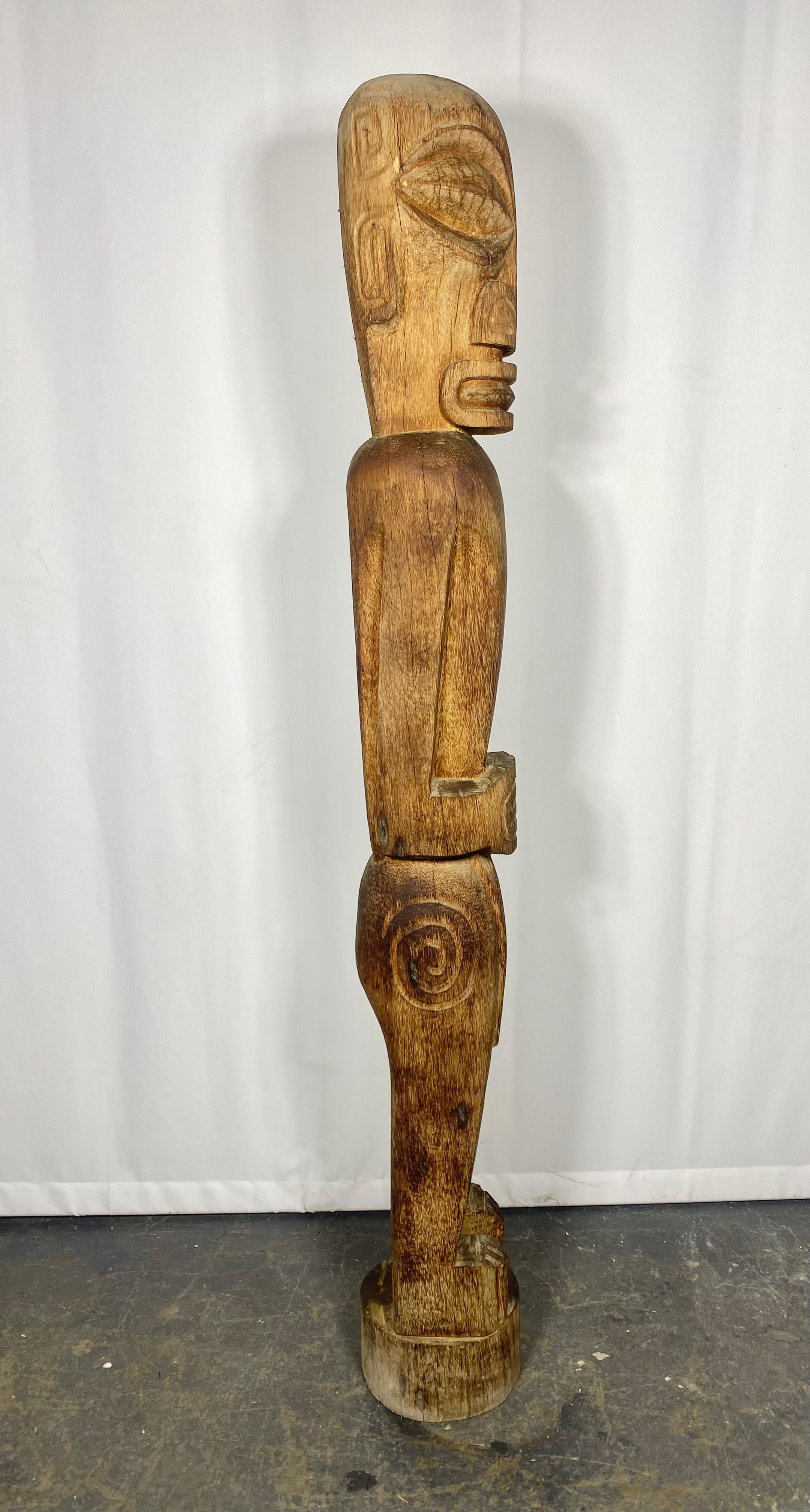 Polynesian Vintage Monumental Carved Wood Tiki Sculpture. French Polynesia. Creation Sanobo For Sale